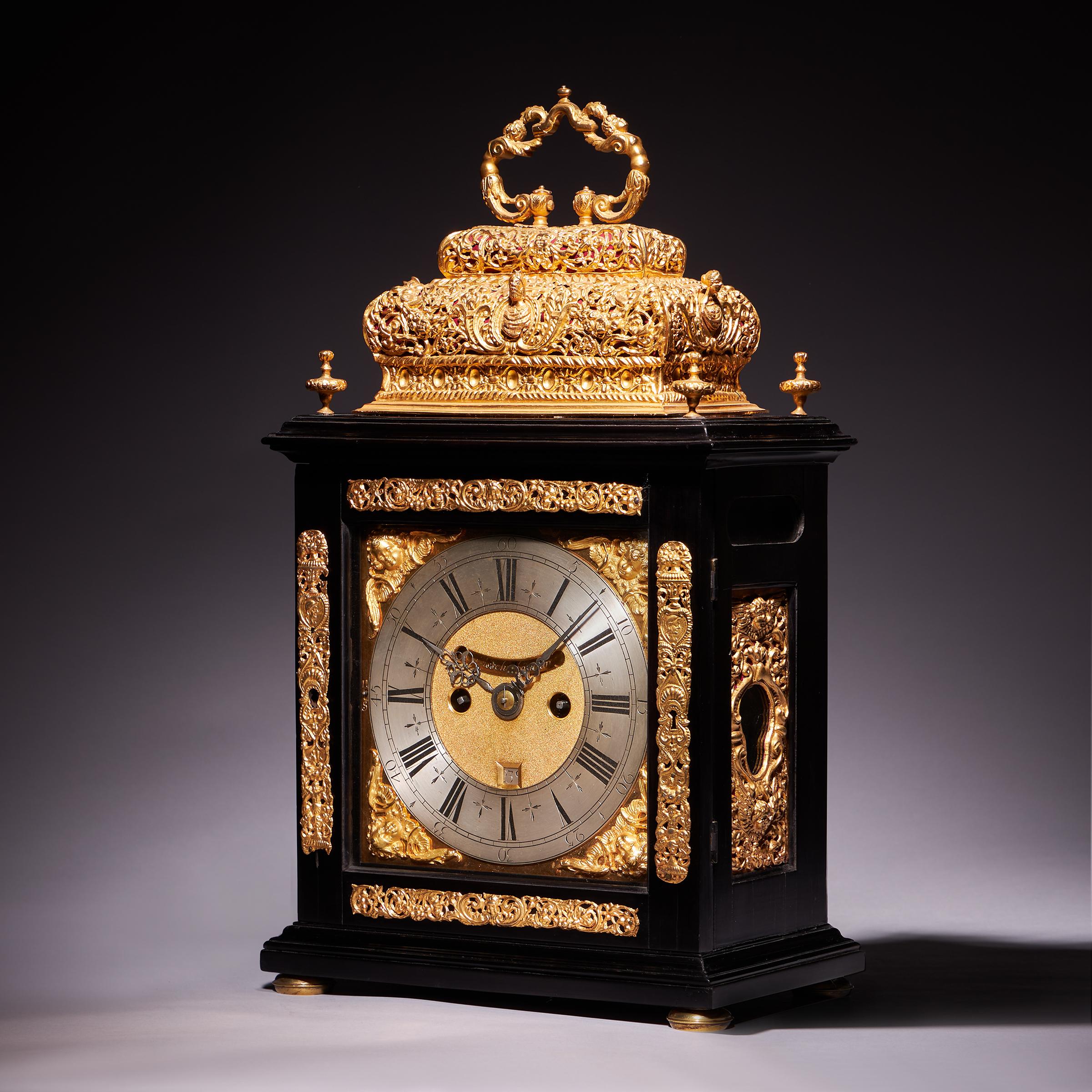 English A 17th Century William and Mary eight-day double basket table clock by Asselin For Sale