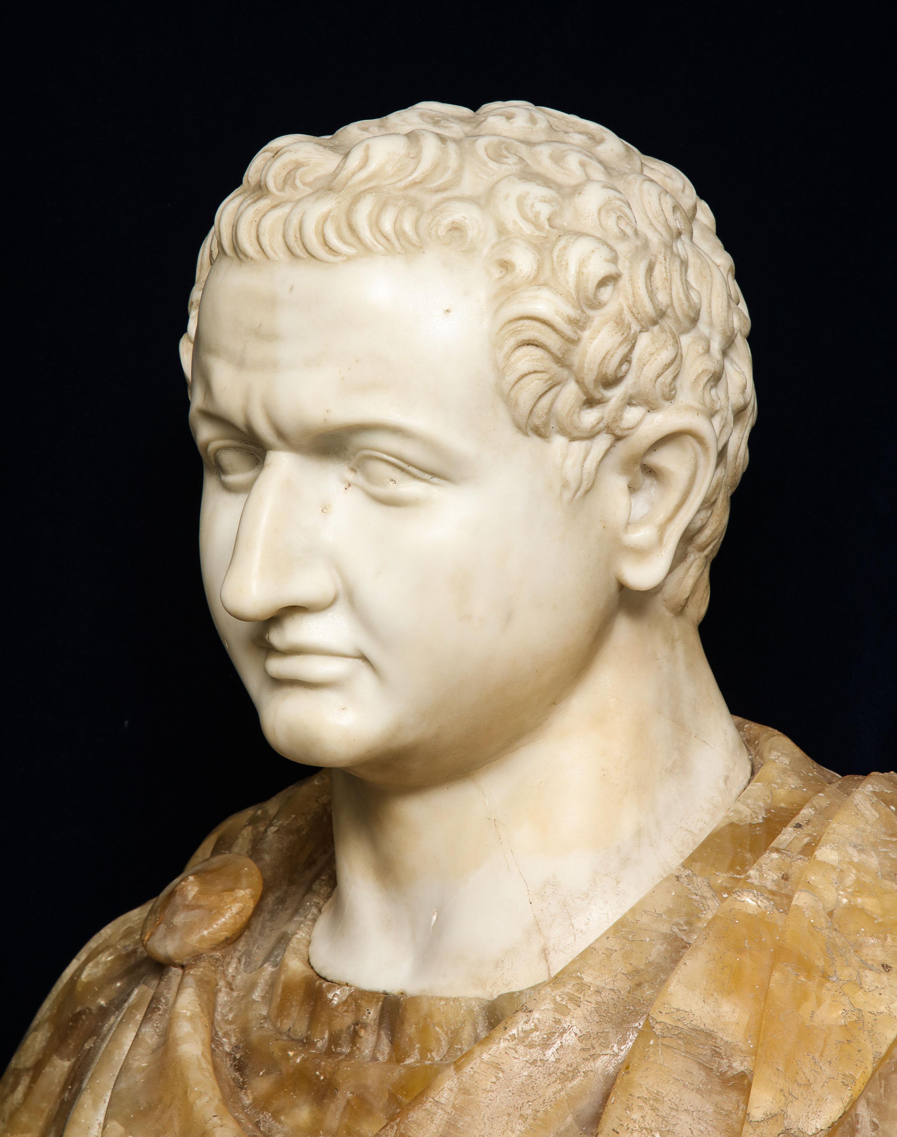 Hand-Carved 18th-19th Century Neoclassical Multi-Marble Bust of Roman Emperor Titus Domitian For Sale