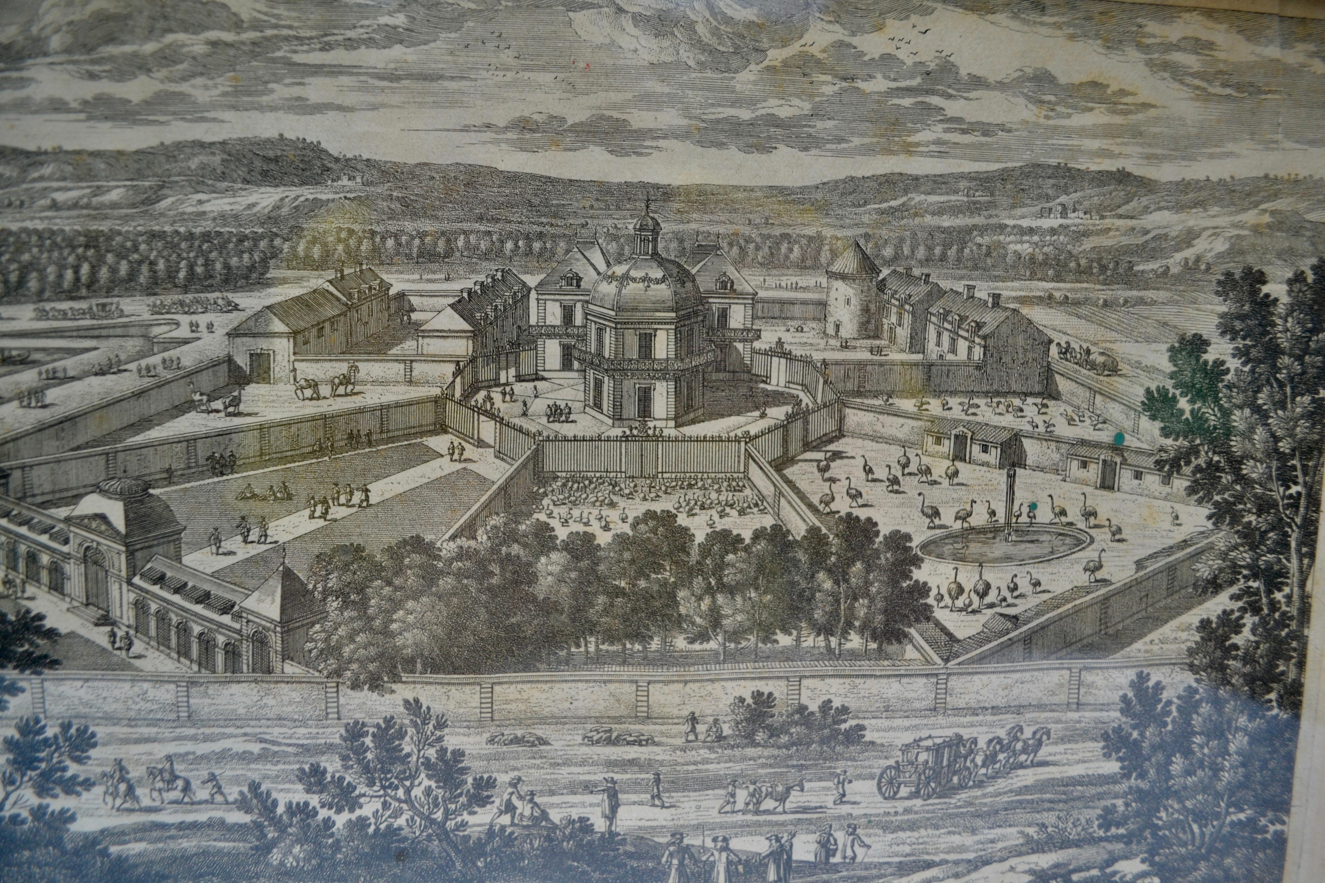 Ein seltener perspektivischer Stich aus dem 18. Jahrhundert, der den Salon de la Menagerie in Versailles zeigt und Antoine Aveline zugeschrieben wird. Er wurde in Paris von Nicolas Langlois vertrieben und mit der Erlaubnis des französischen Königs