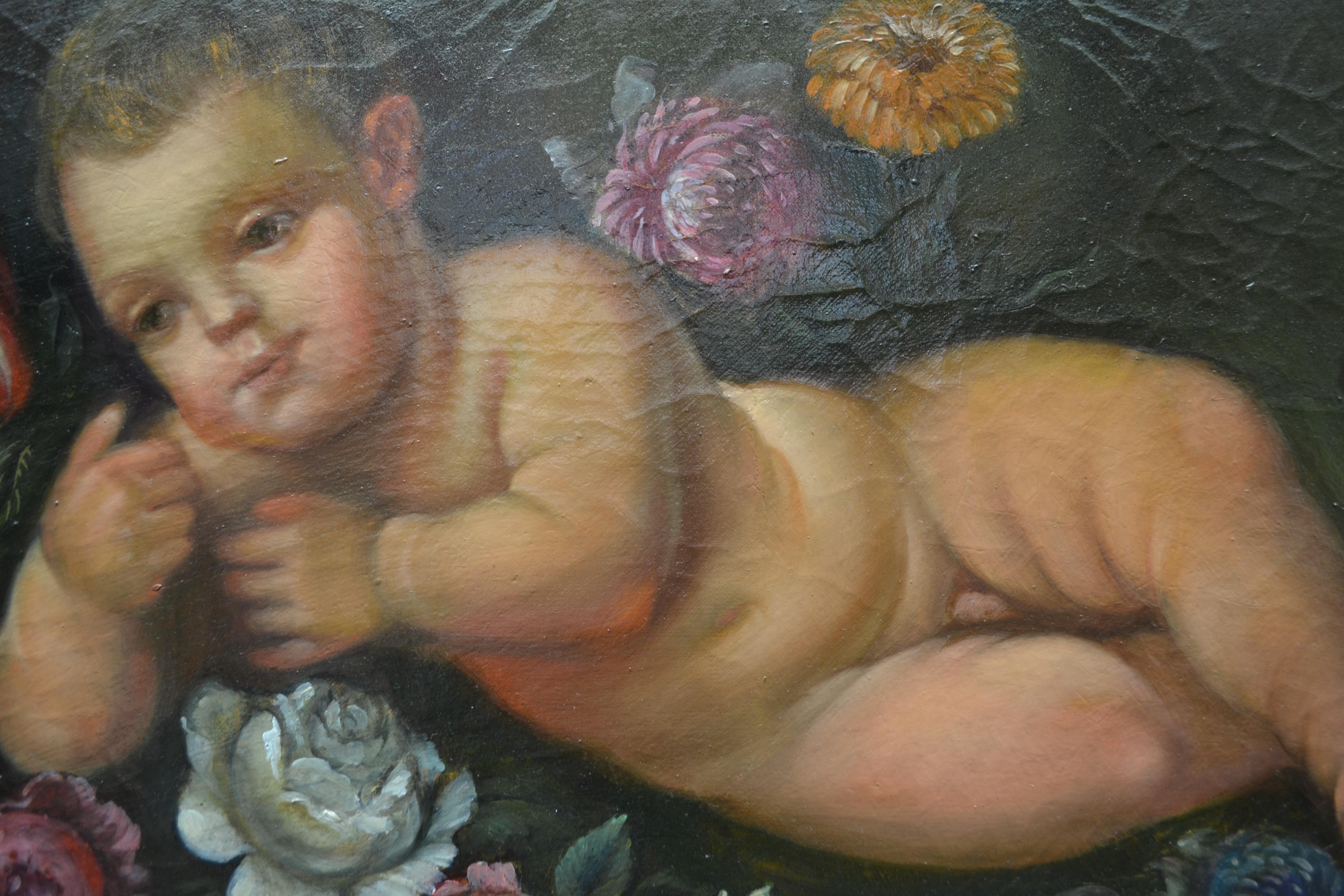 Baroque 18th Century Italian Painting of a Reclining Nude Putto