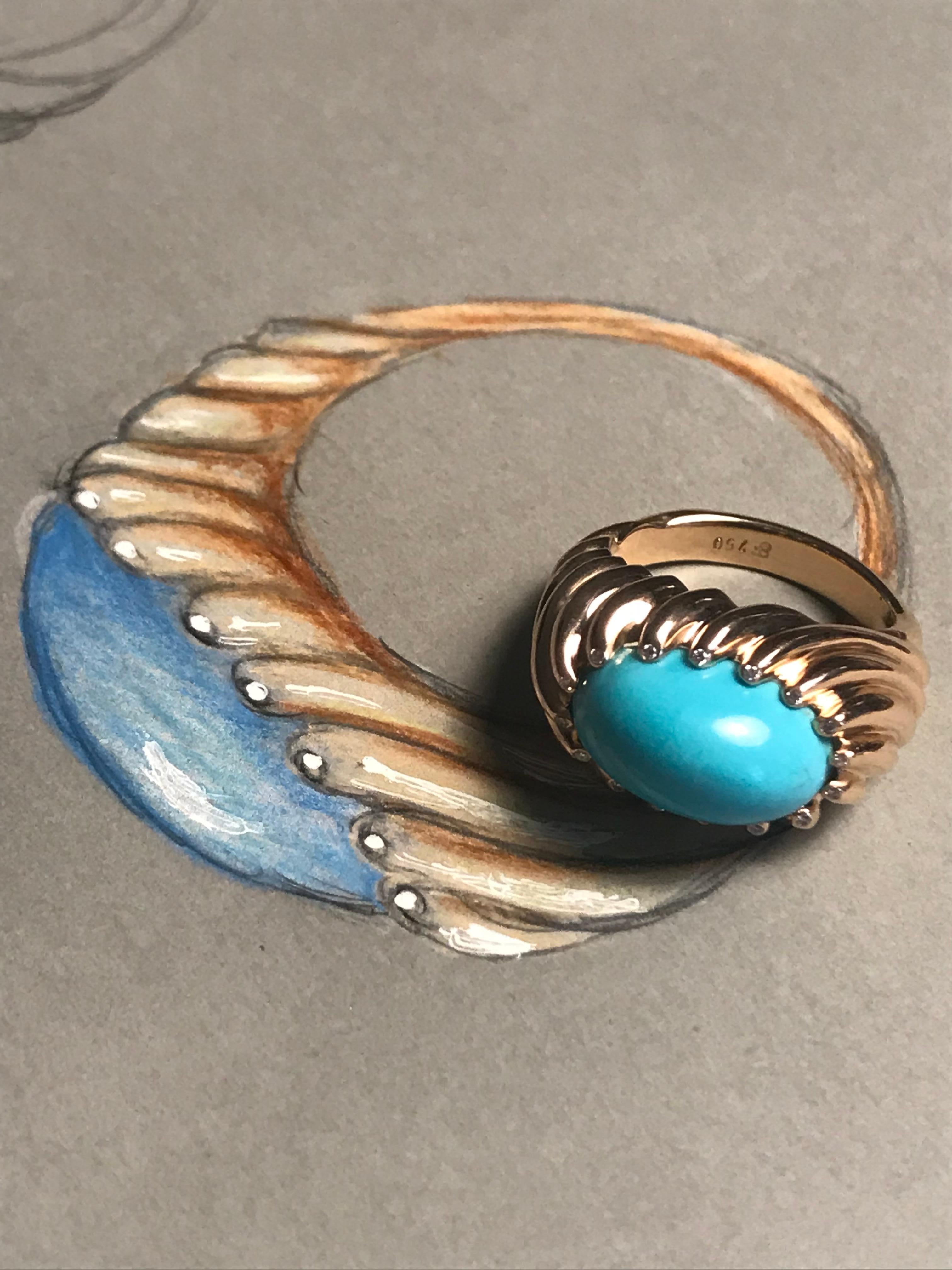 “Amorgos” is a statement  18 K. Rose gold dome cocktail ring, set with natural Arizona turquoise cabochon, and white diamonds. Evoking the blue domes of the Cycladic churches, and inspired by the glamour of the 60’ and 70’ Turquoise Jewelry,  this