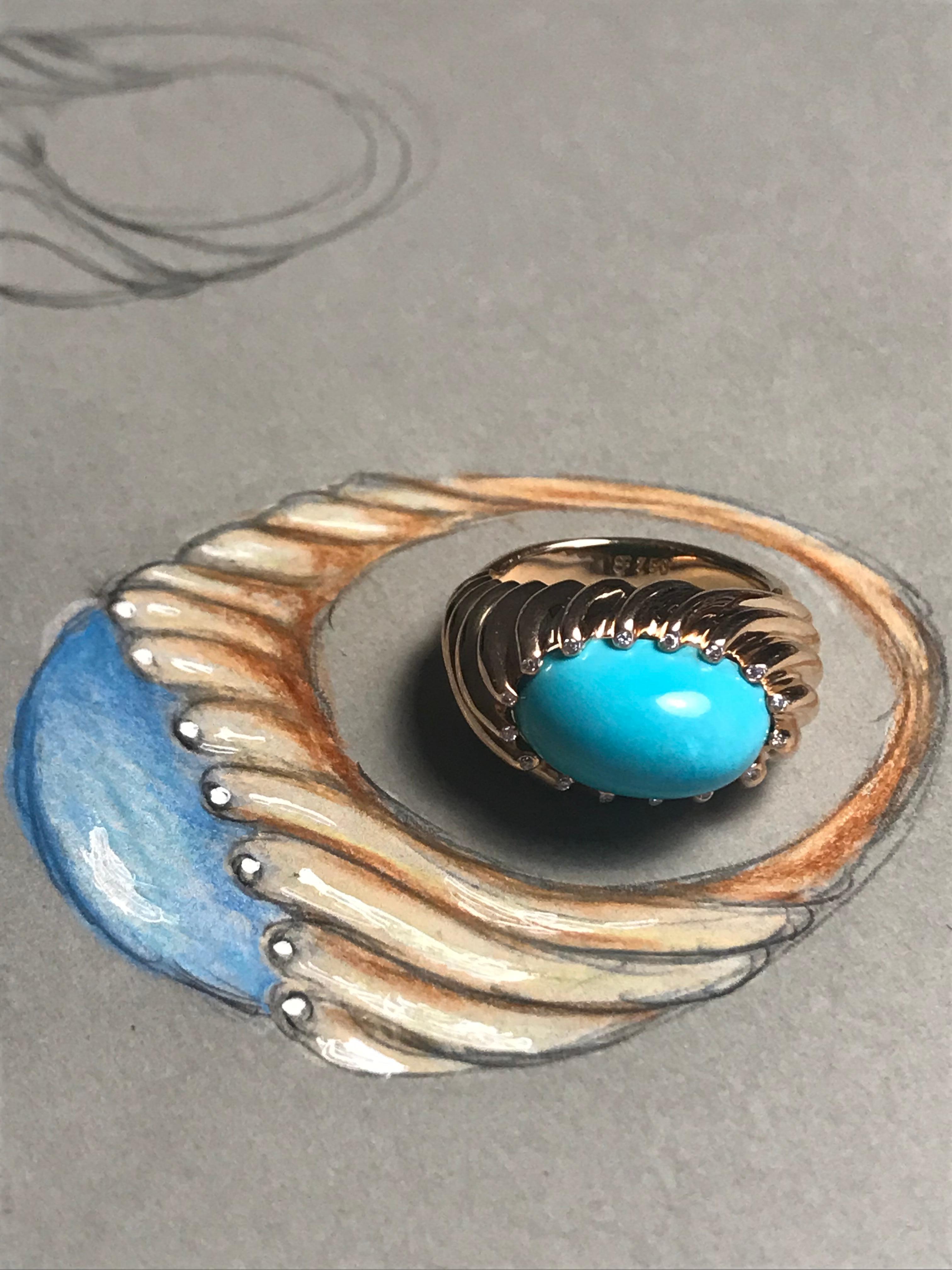 Contemporary 18 Karat Rose Gold Dome Cocktail Ring Set with Turquoise Cabochon and Diamonds