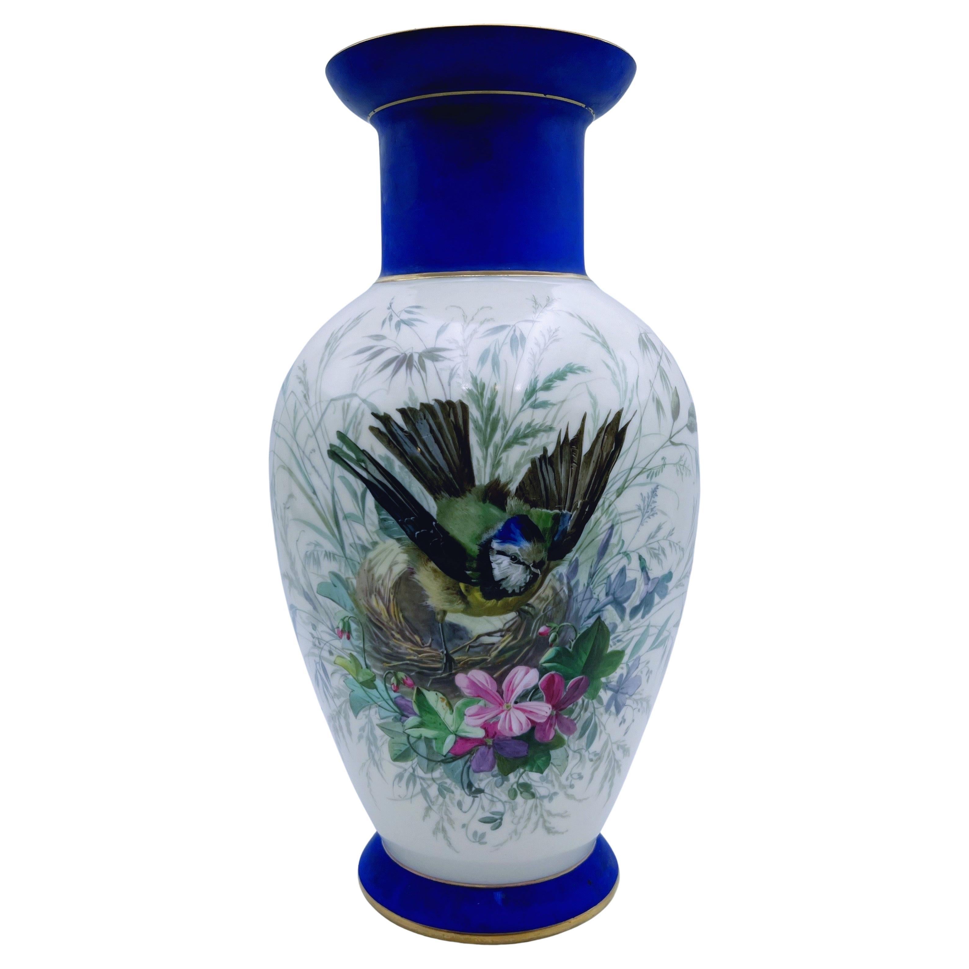 A 1800s finely hand-painted floral & Bird Urn Vase