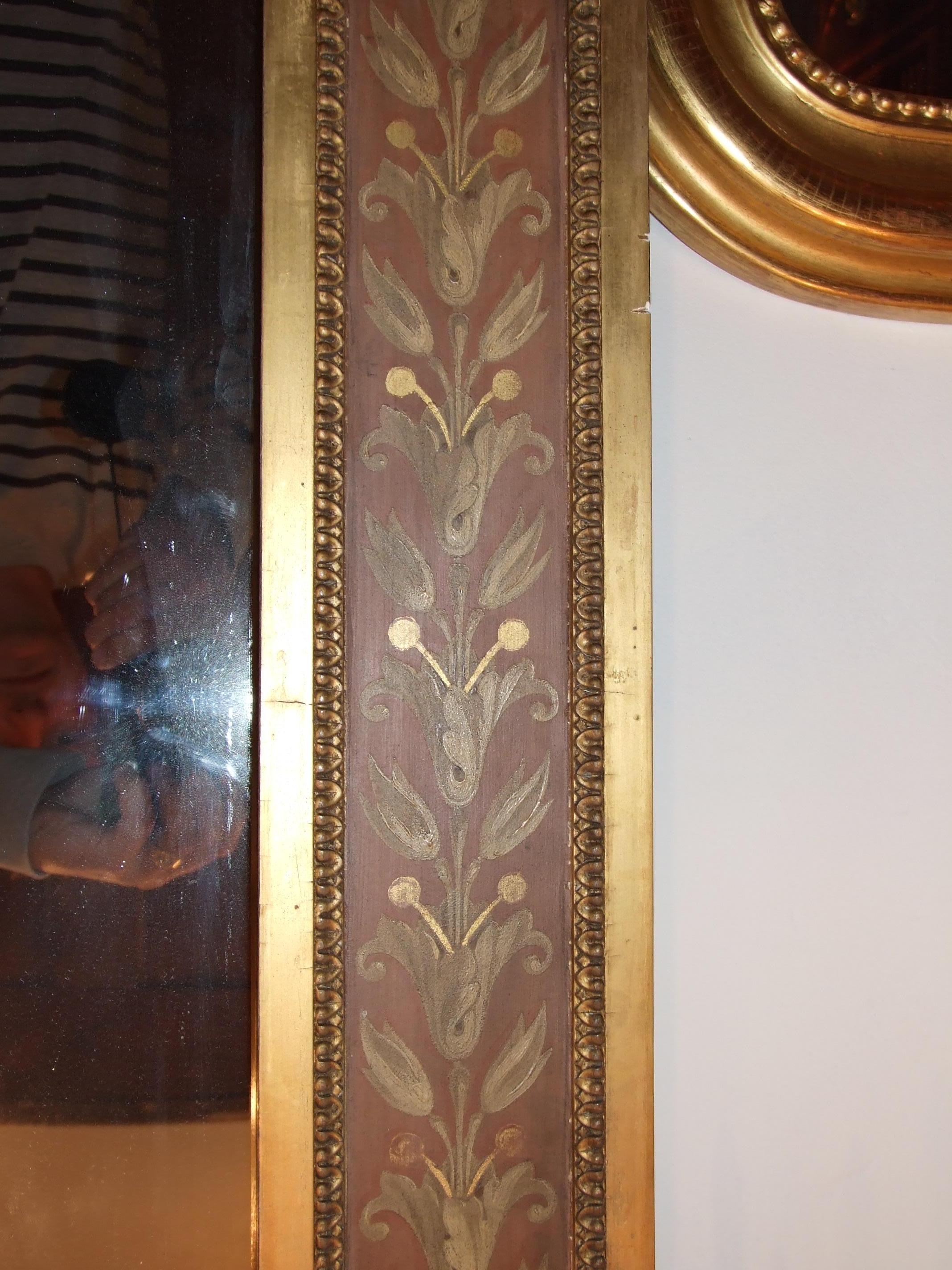 British 1800s Large Antique Gilded and Painted Overmantle Mirror For Sale