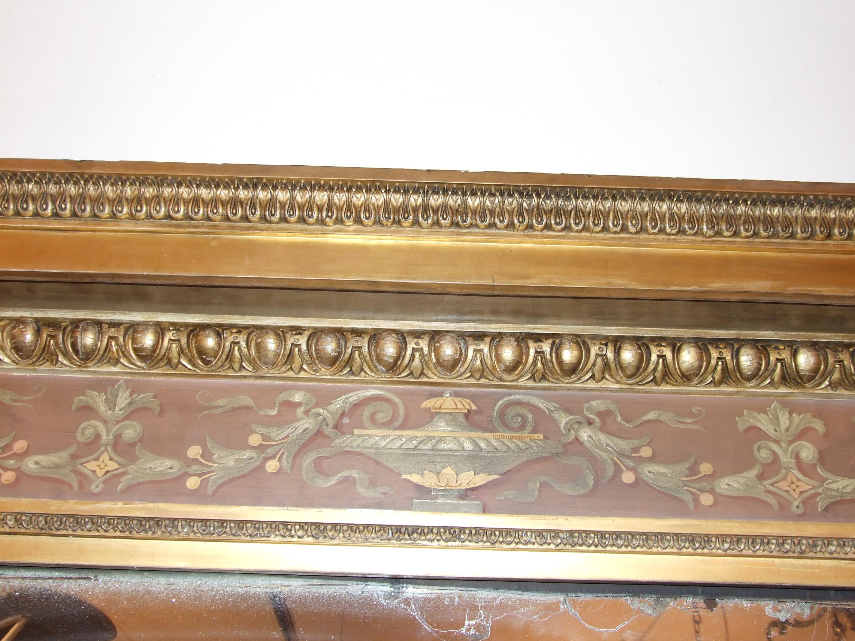 Late 18th Century 1800s Large Antique Gilded and Painted Overmantle Mirror For Sale
