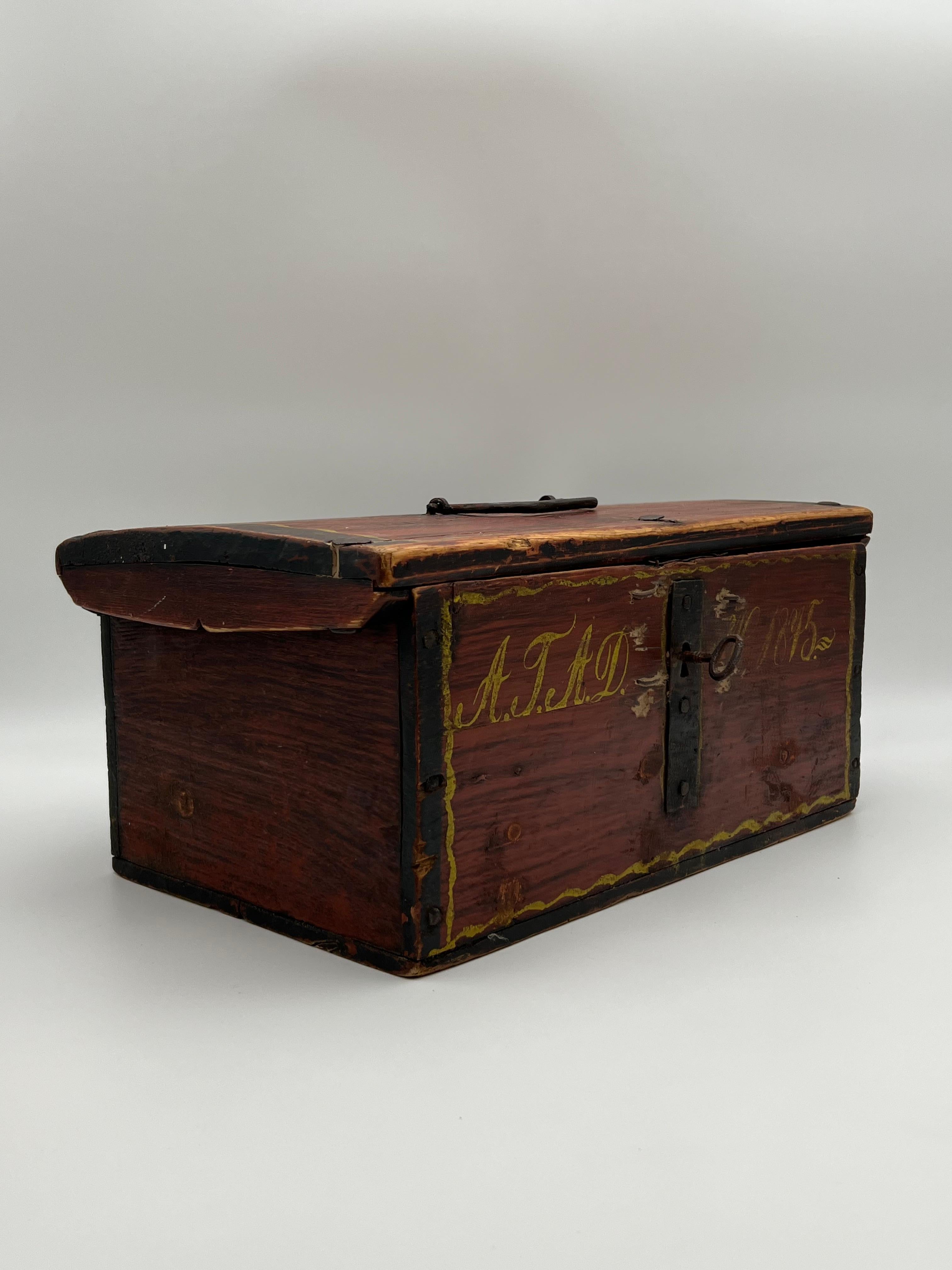 Hand-Crafted A 1875 Primitive Antique Pine Trunk Box, Rustic Farmhouse Folk Art, Norway For Sale