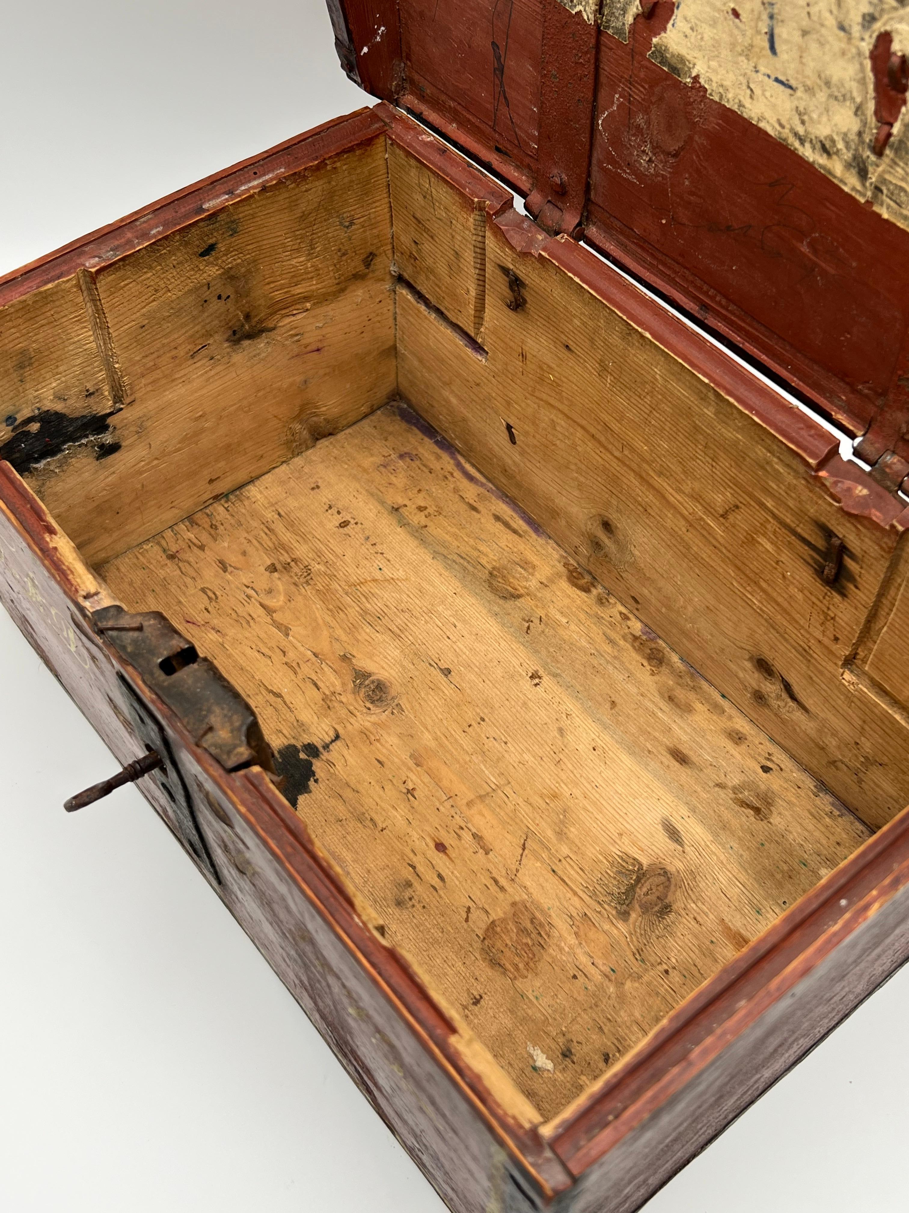 Iron A 1875 Primitive Antique Pine Trunk Box, Rustic Farmhouse Folk Art, Norway For Sale