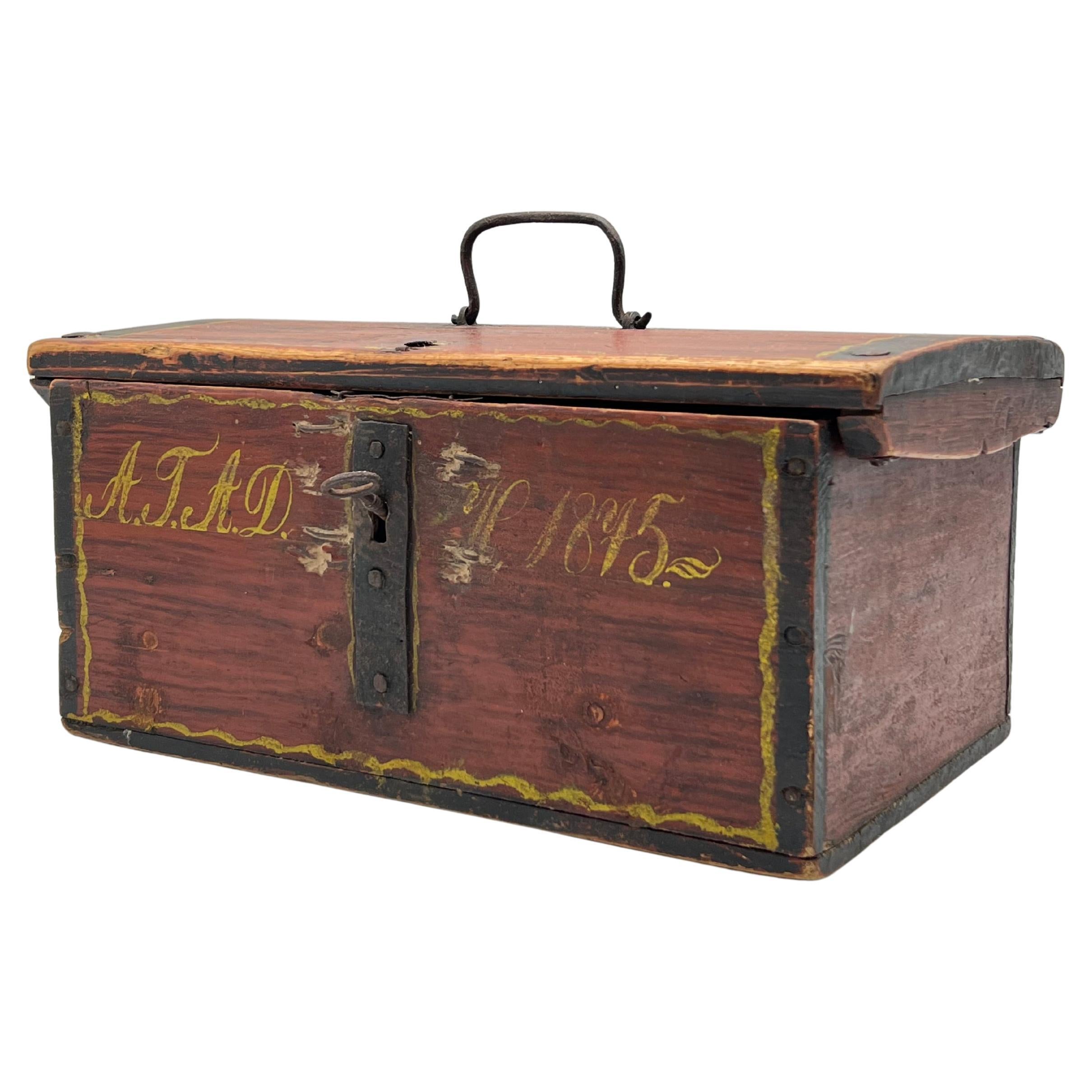 A 1875 Primitive Antique Pine Trunk Box, Rustic Farmhouse Folk Art, Norway For Sale