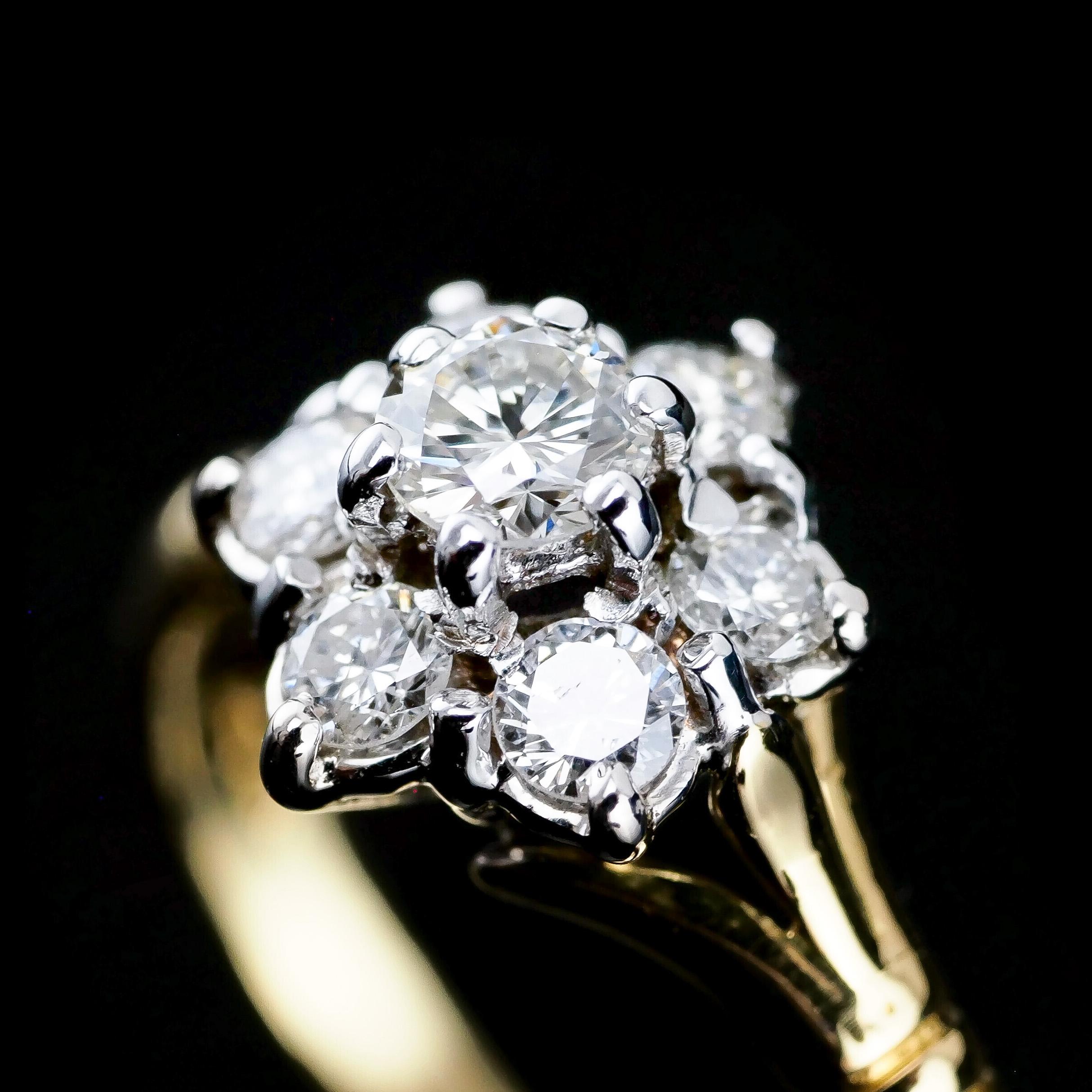 Wir freuen uns, Ihnen diesen wunderschönen Vintage-Ring aus 18 Karat Gold mit Diamanten anbieten zu können.

Der Ring besteht aus einem Diamanten im Brillantrundschliff, der von 6 etwas kleineren Diamanten gleicher Farbe/Klarheit, ebenfalls im