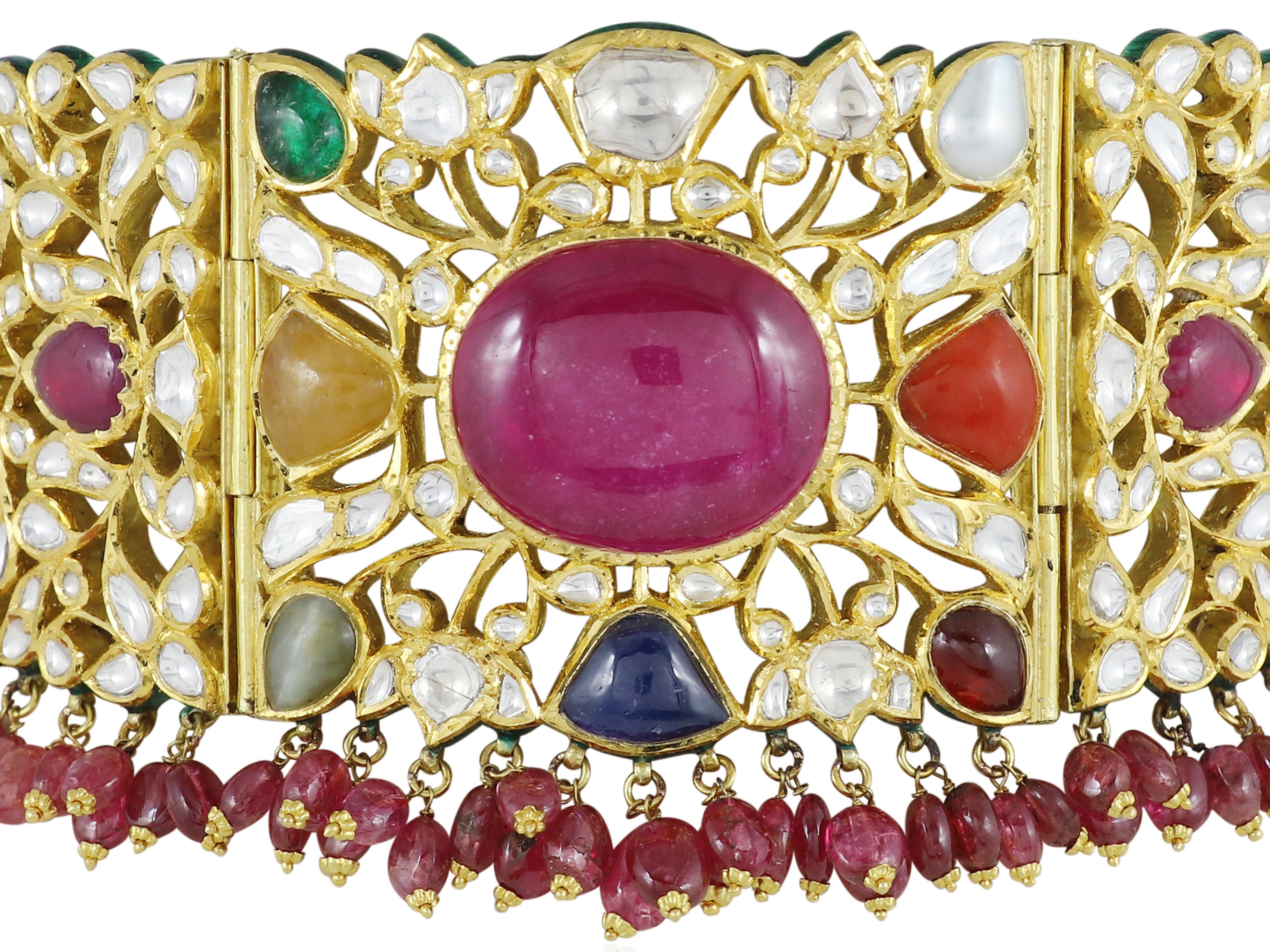 Cabochon A 18K gold Indian wedding Navratna choker with nine gemstones and diamond polkis For Sale