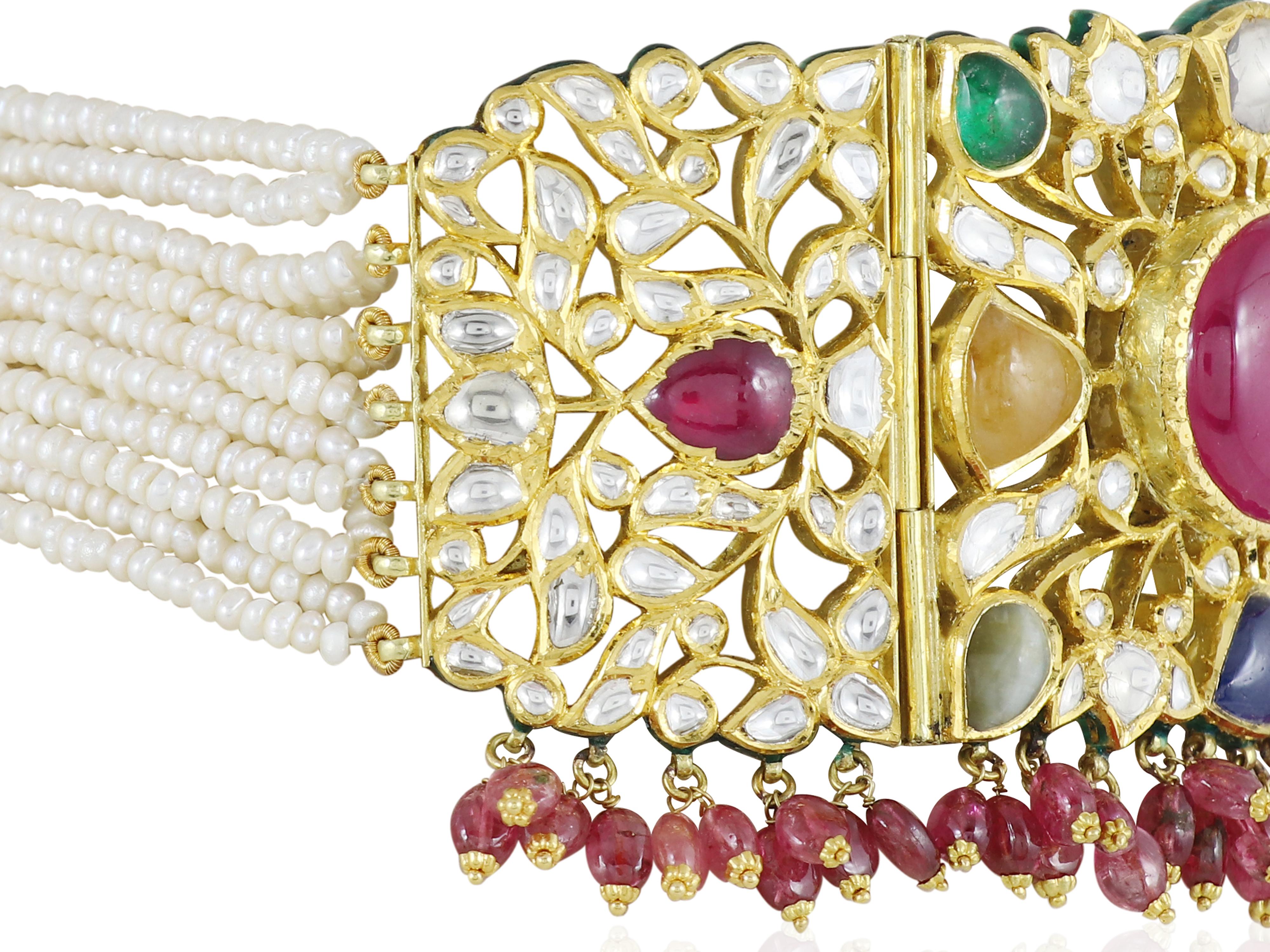 Women's A 18K gold Indian wedding Navratna choker with nine gemstones and diamond polkis For Sale