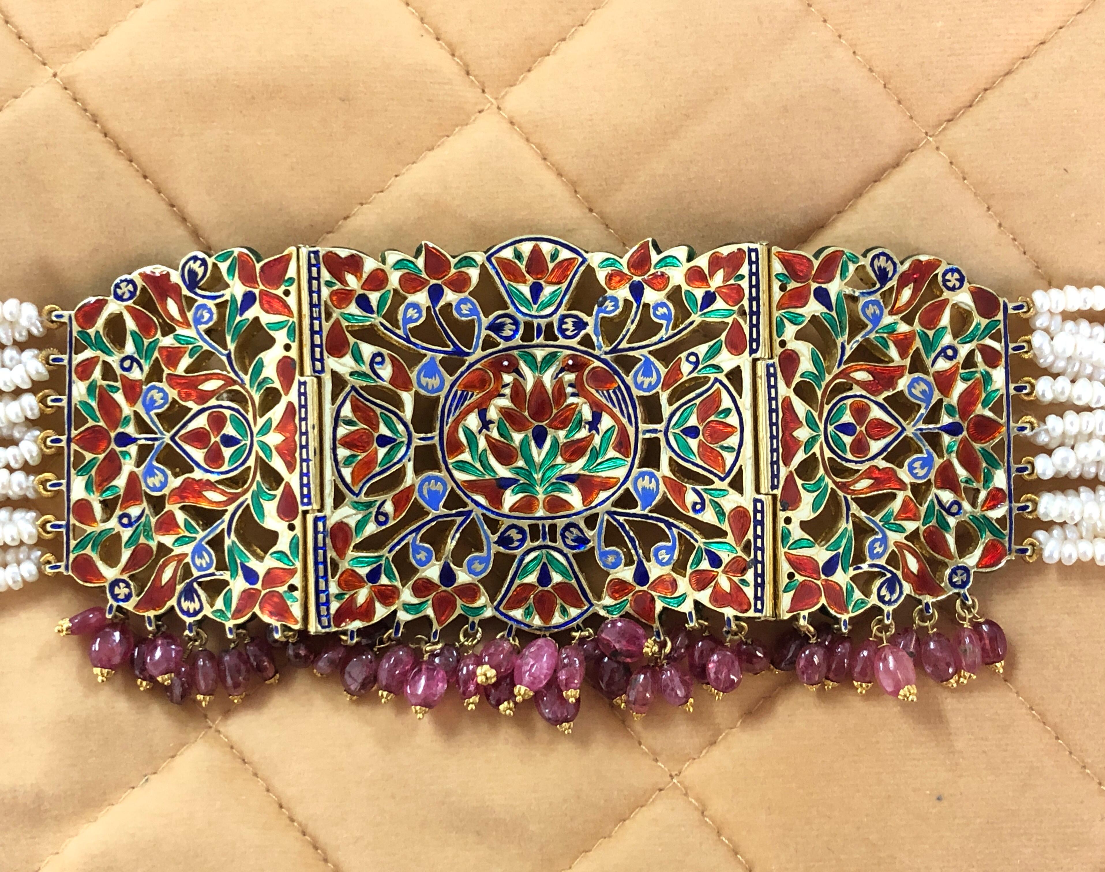 A 18K gold Indian wedding Navratna choker with nine gemstones and diamond polkis For Sale 1