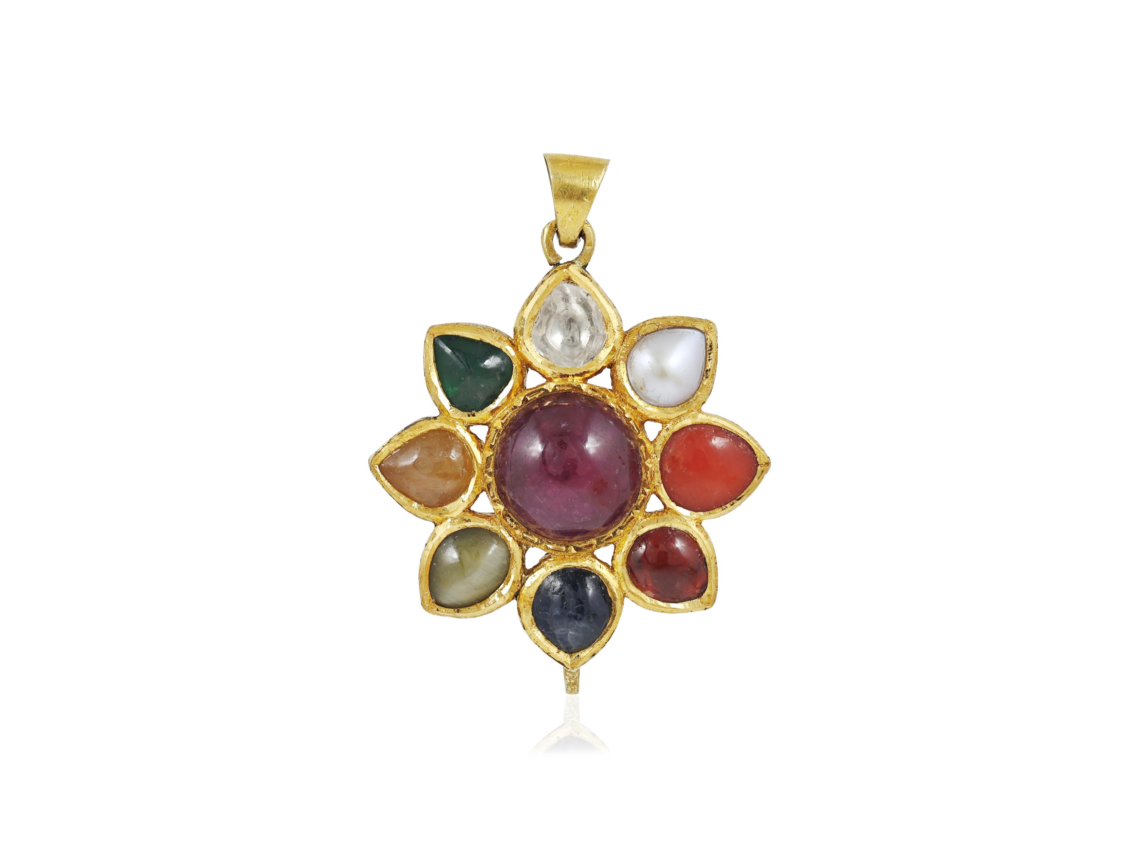 Women's or Men's A 18K gold nine precious natural gemstones pendant, Indian navratna pendant For Sale
