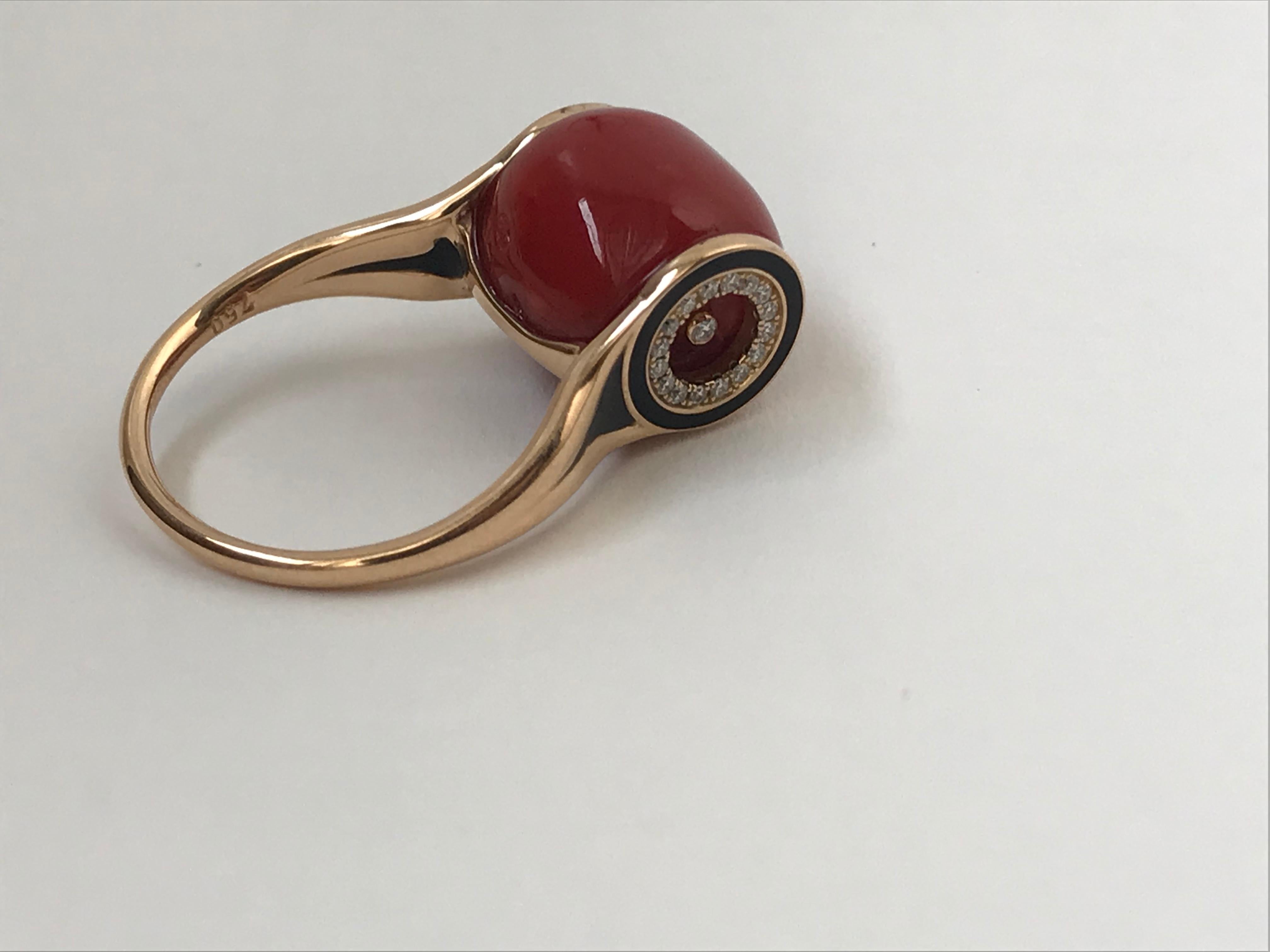 Women's or Men's A 18K Rose Gold, Red Coral and Diamonds Ring by Frederique Berman For Sale