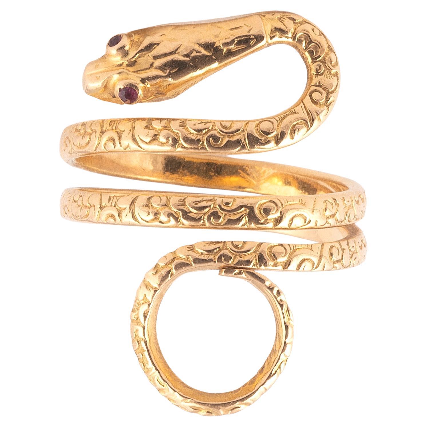 Art Nouveau 18kt Gold and Ruby Snake Ring