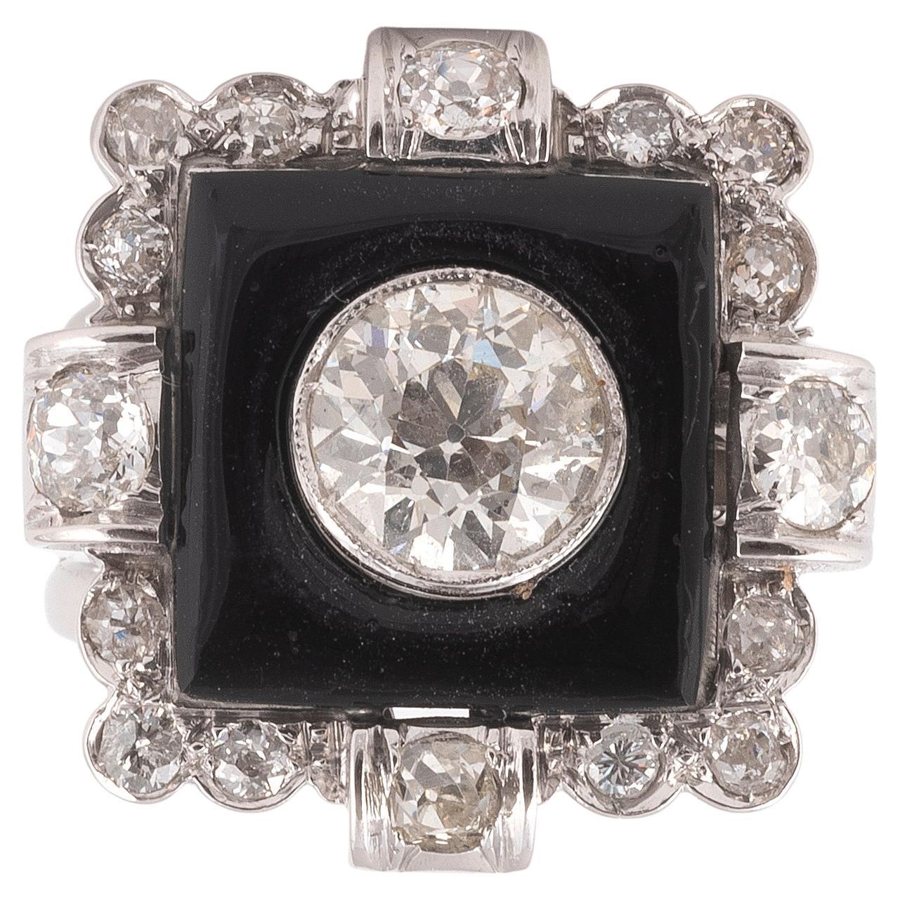 18kt White Gold Onyx and Diamond Ring