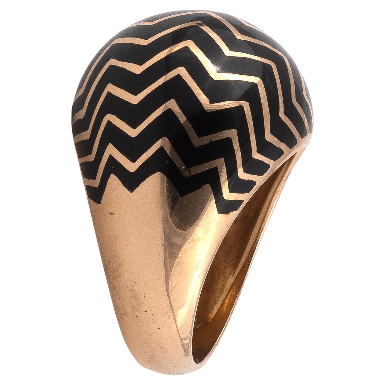 A 18kt Yellow Gold And Black Enamel Ring For Sale