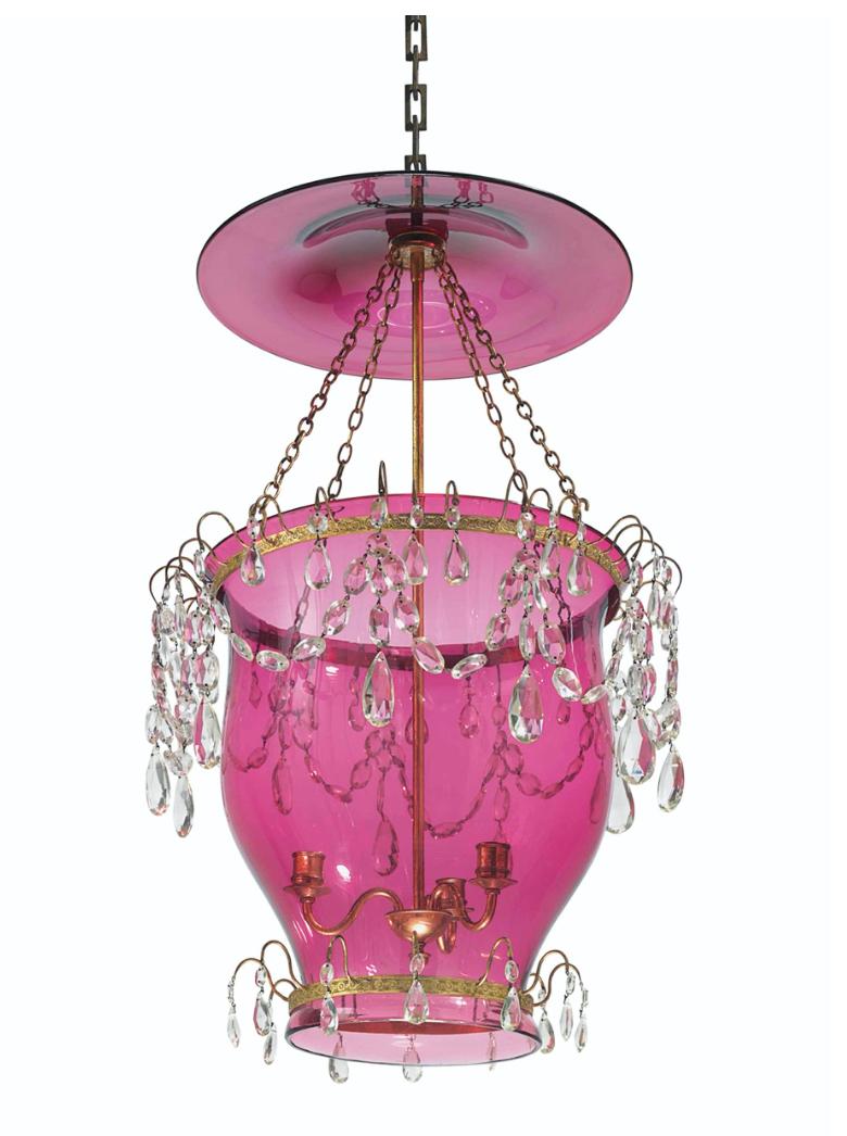A large cranberry glass and gilt metal lantern / chandelier composed of late 18th century and early 19th century parts. Having been in its current at least since 1969. 

Acquired from Denton-Grant, 1969. 
Christies - Collection of Anthony Hail and