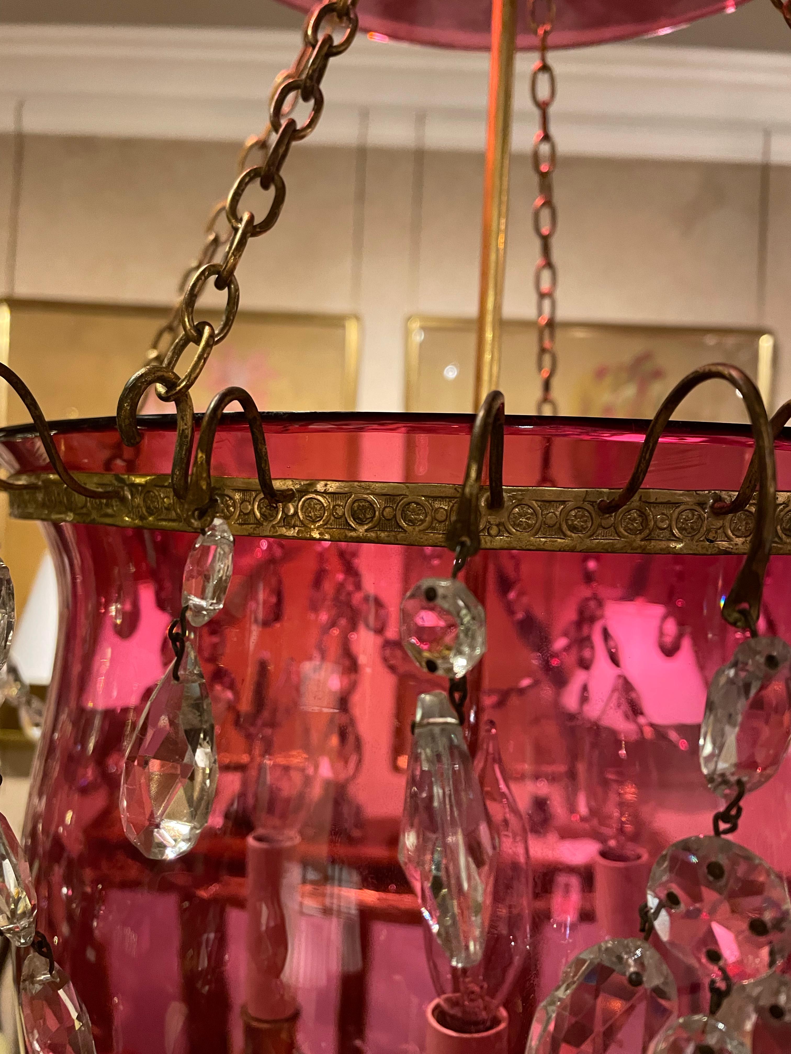 Swedish 18th/19th Century Cranberry and Glass Lantern with Gilt Metal and Cut Glass For Sale