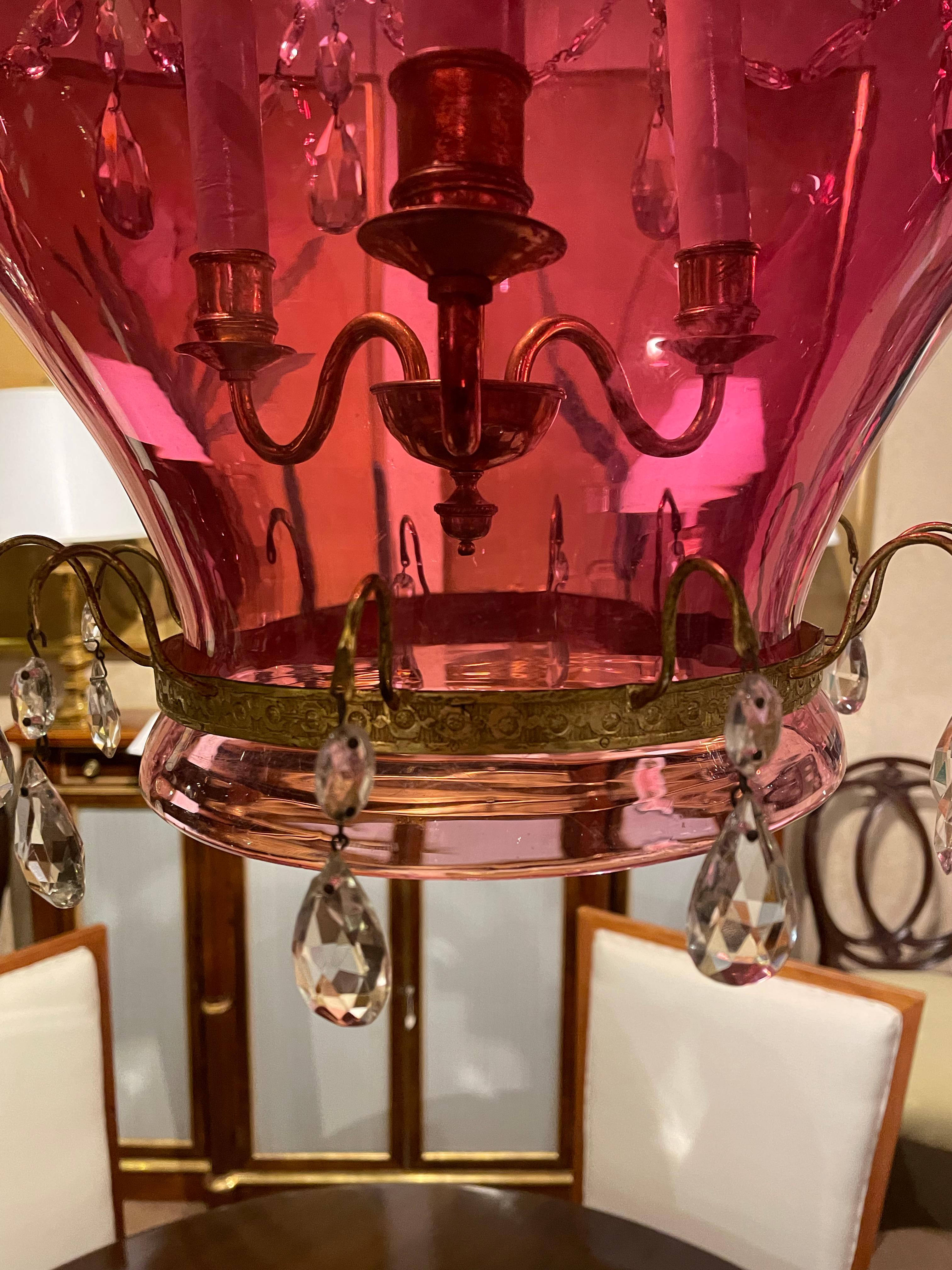 18th/19th Century Cranberry and Glass Lantern with Gilt Metal and Cut Glass In Good Condition For Sale In Stamford, CT