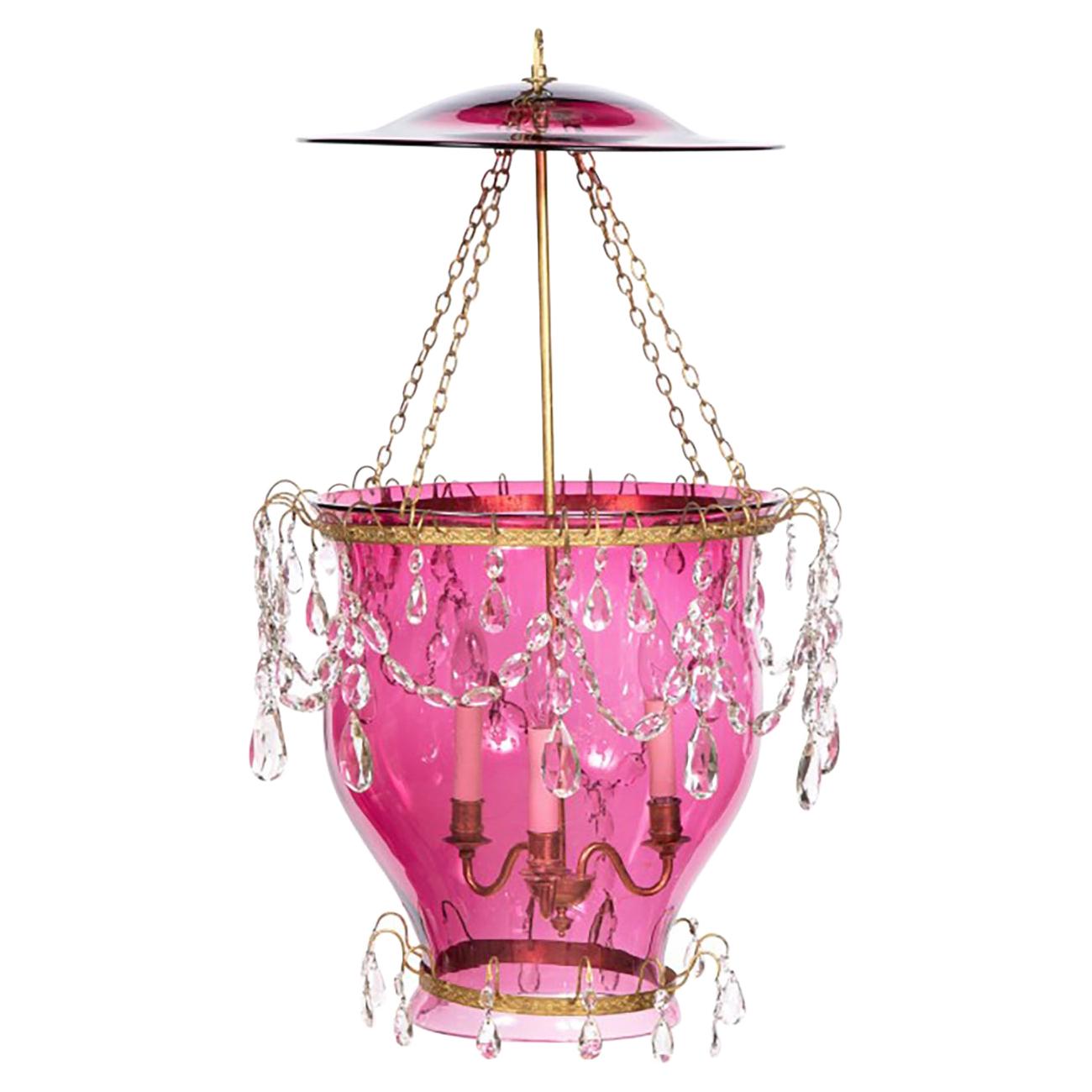 18th/19th Century Cranberry and Glass Lantern with Gilt Metal and Cut Glass For Sale