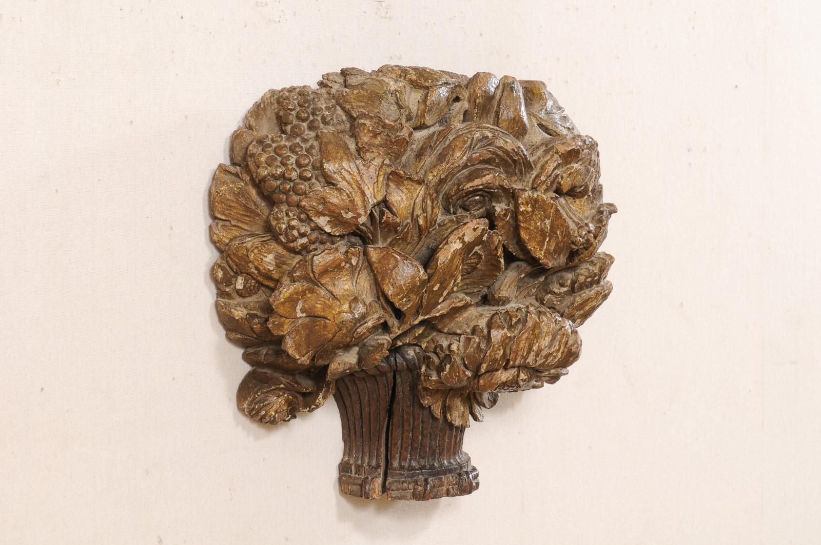 Hand-Carved 18th Century French Hand Carved Wood Floral Bouquet Wall Ornament Plaque For Sale