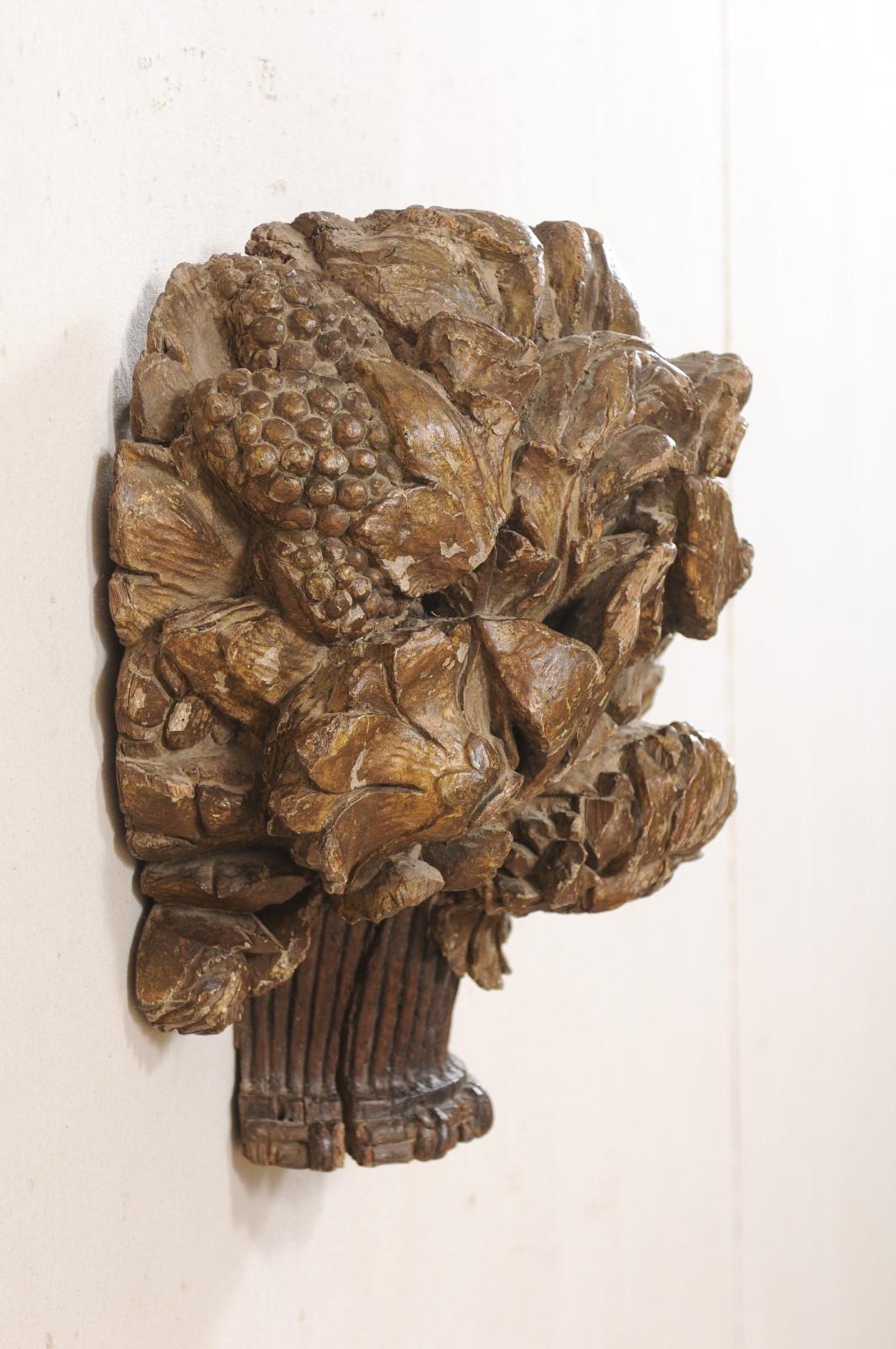 18th Century French Hand Carved Wood Floral Bouquet Wall Ornament Plaque For Sale 1
