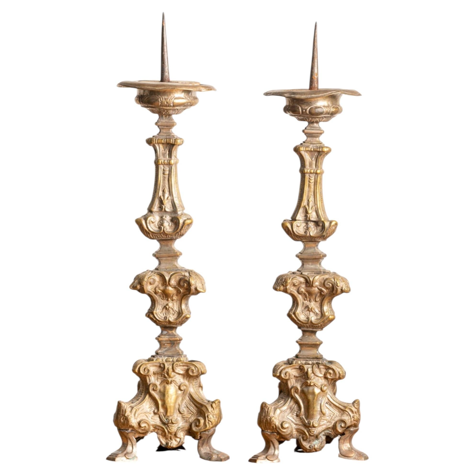 18th Century Italian Baroque Brass Pricket Candlesticks, Ornate Design