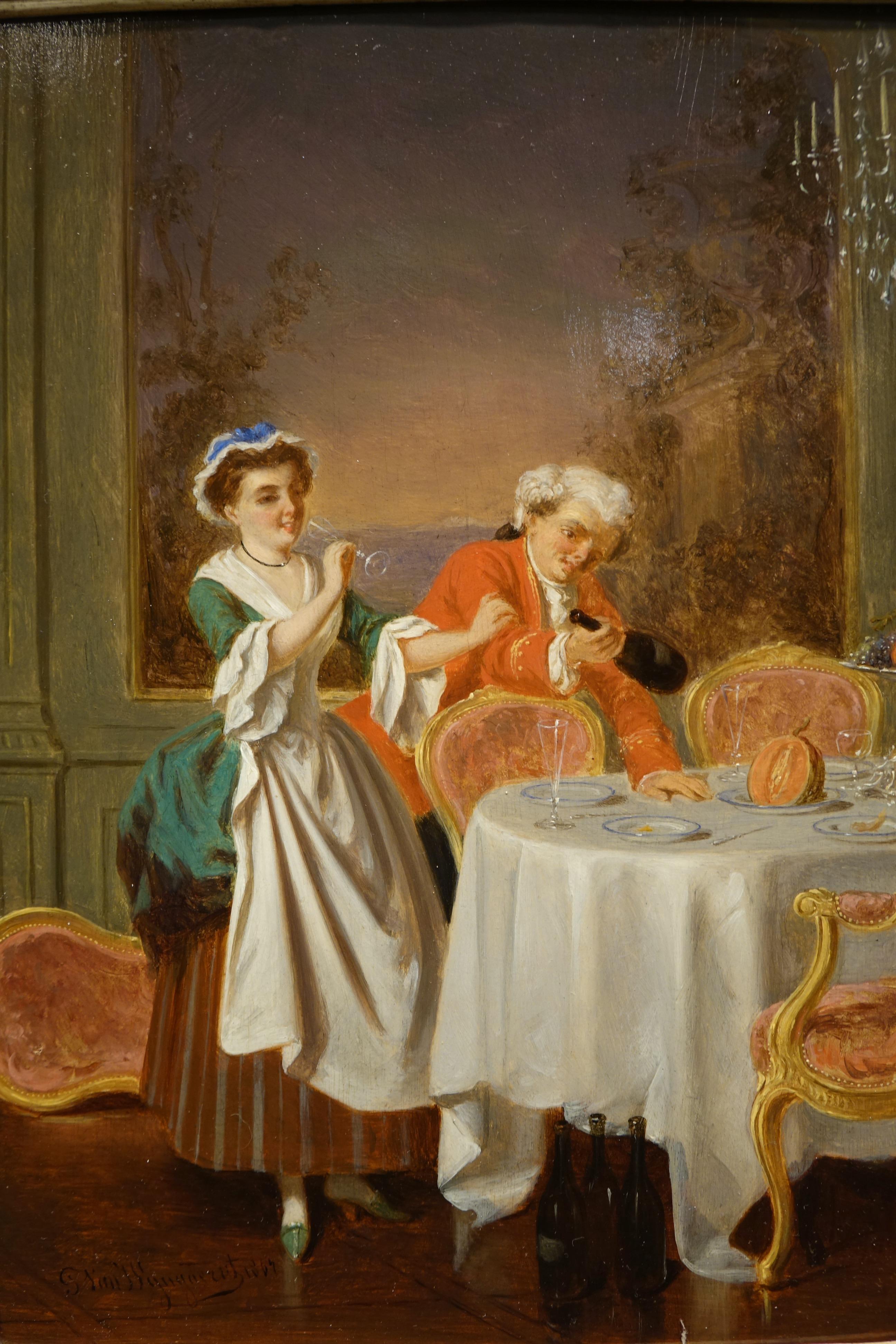  Huile sur panneau de bois représentant des scènes de genre se déroulant au XVIIIe siècle, mais peinte vers 1870-80, signée en bas à gauche P. van Wijngaerdt. 
Deux serviteurs débarrassent la table et terminent les boissons des invités.
 École
