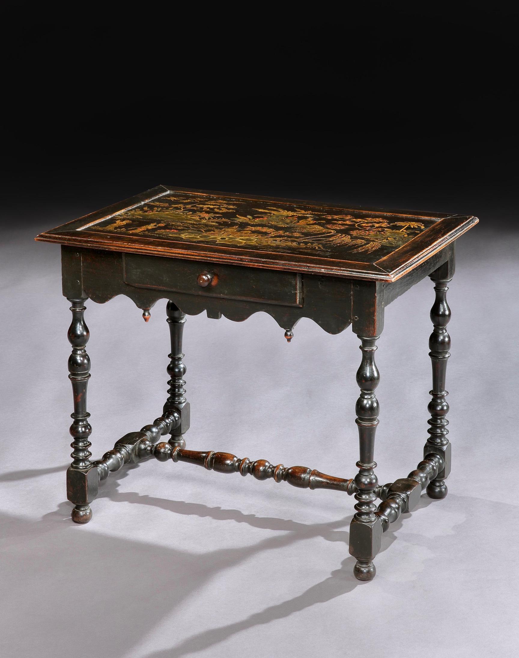 A rare early 18th century ebonised side table, the rectangular top with moulded edge inset with a rare panel of chinoiserie decoration of gilded highlights on a black japanned background, all above a single frieze drawer with pull handle, standing