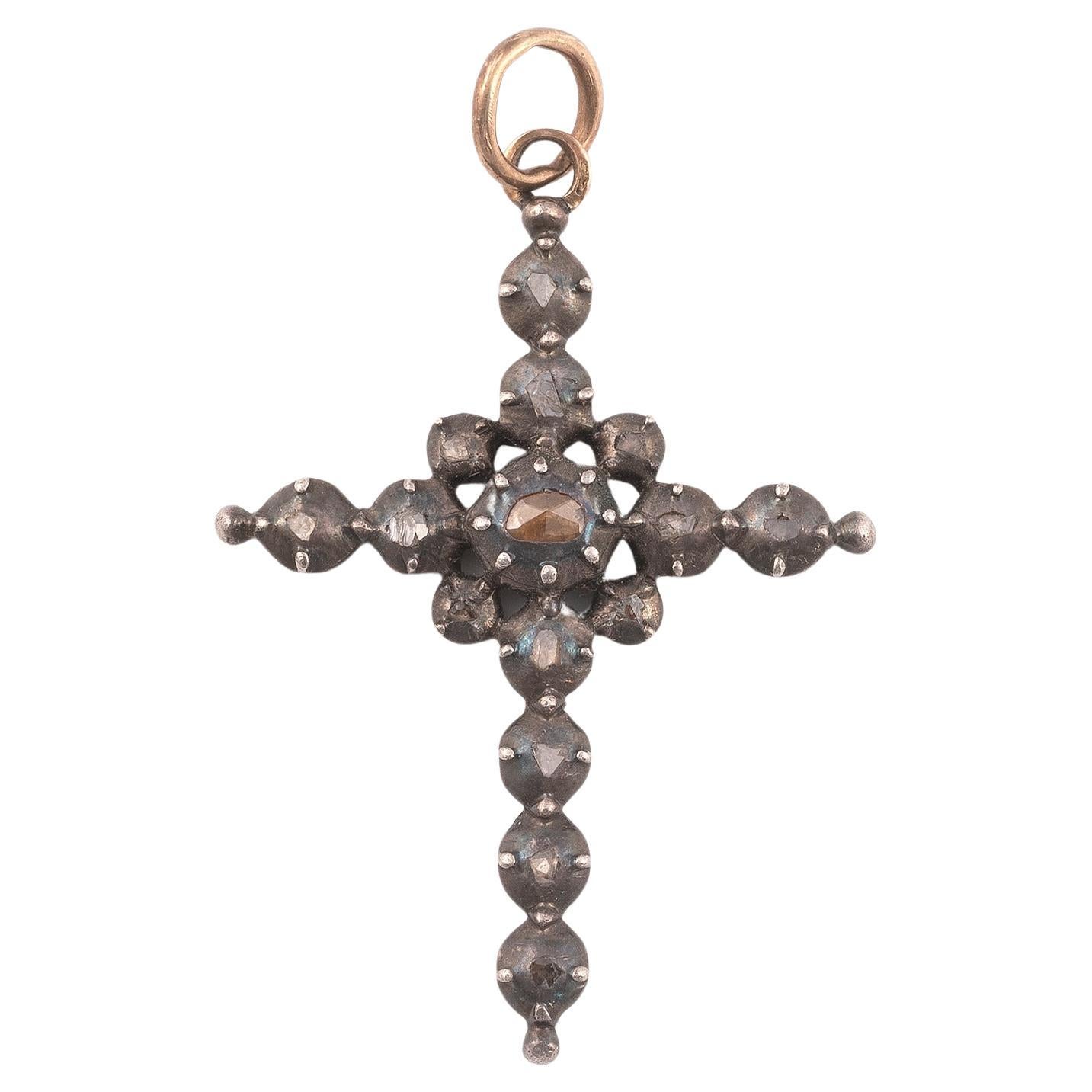 18th Century Silver Gold and Diamond Cross Pendant For Sale