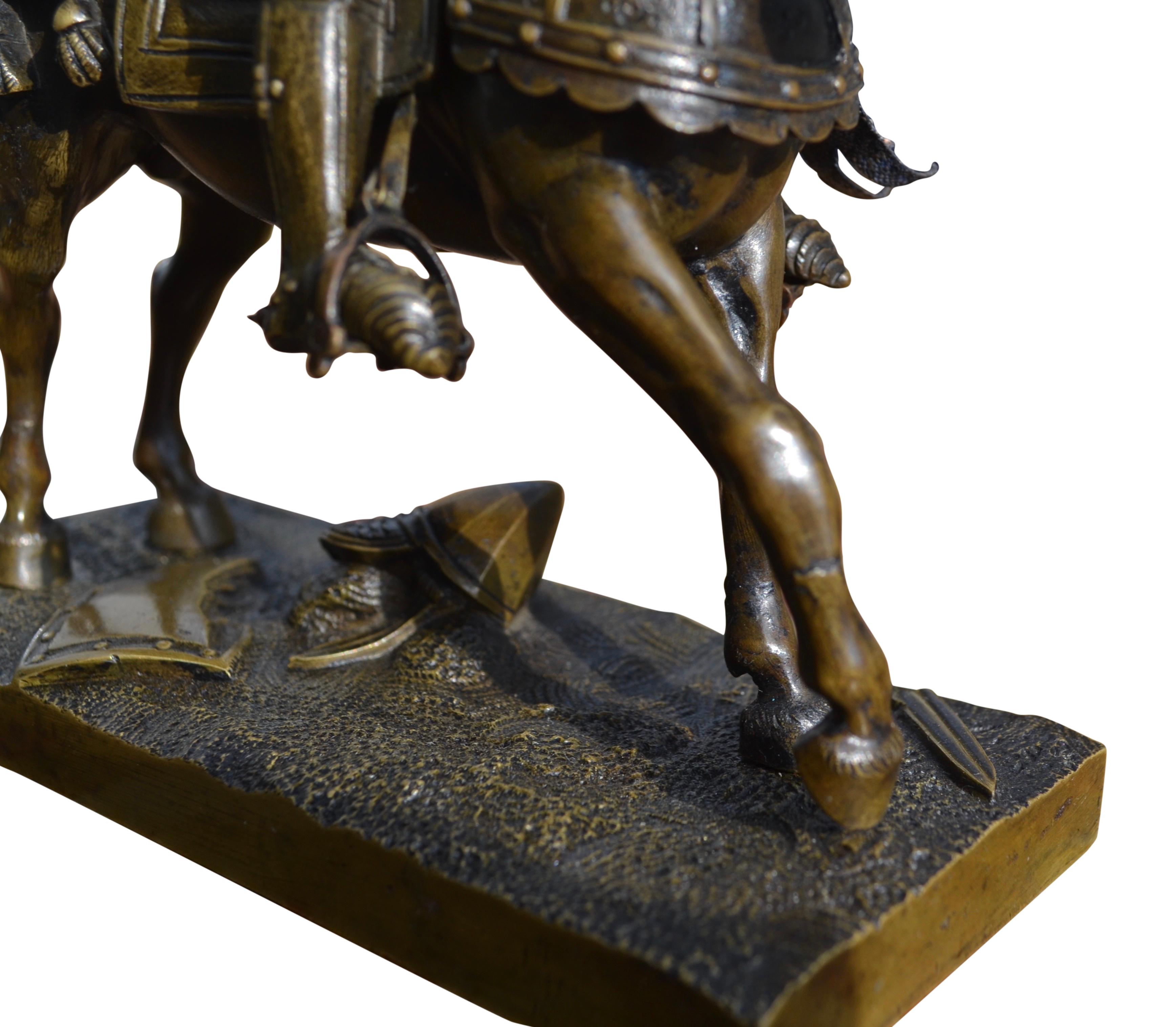 A 19 Century Bronze Statue of St Joan of Arc in full body armour on horseback For Sale 1