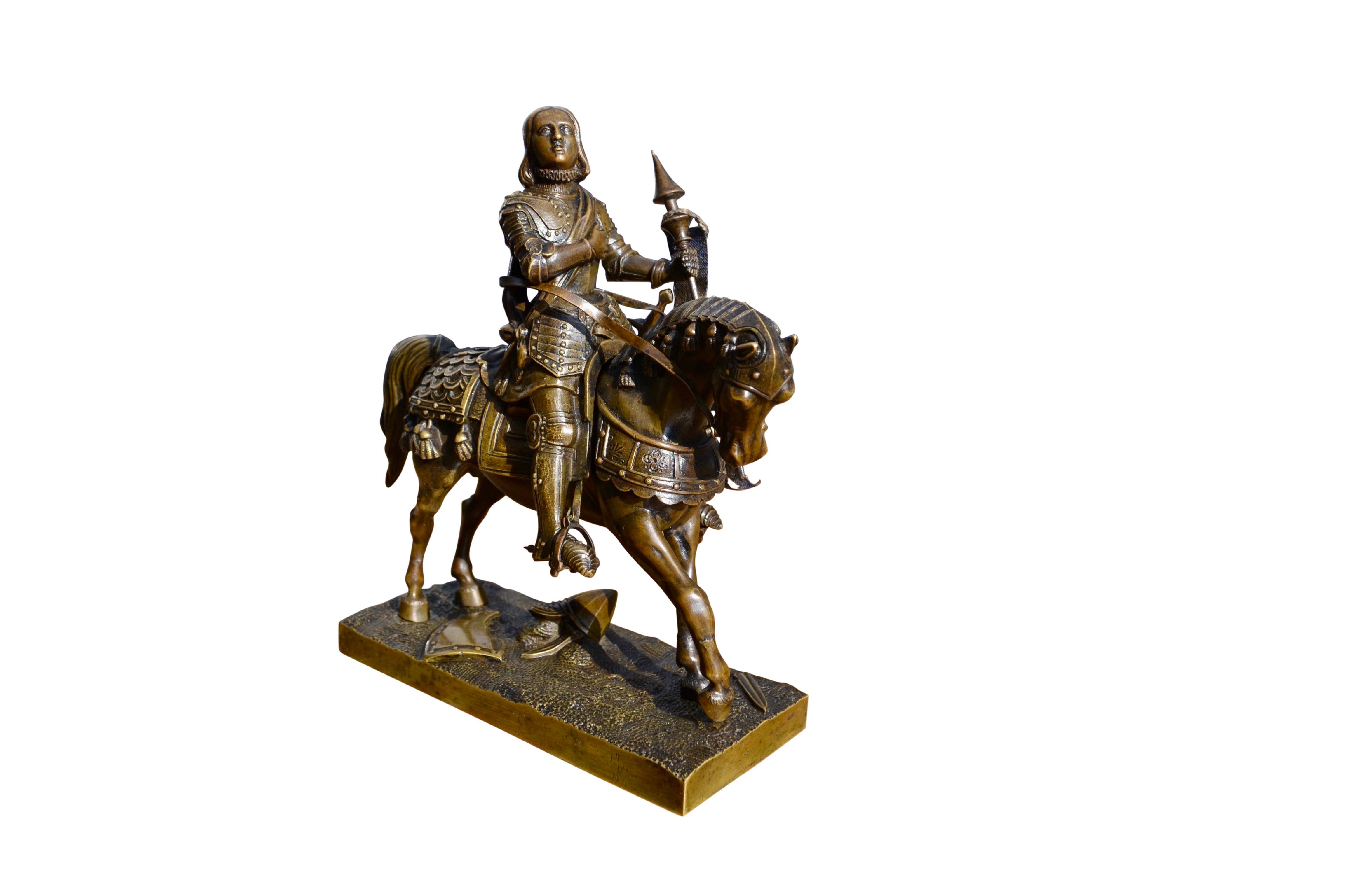 Bronzestatue des heiligen Joan of Arc aus dem 19. Jahrhundert im vollen Körperwappen zu Pferd (Renaissance) im Angebot