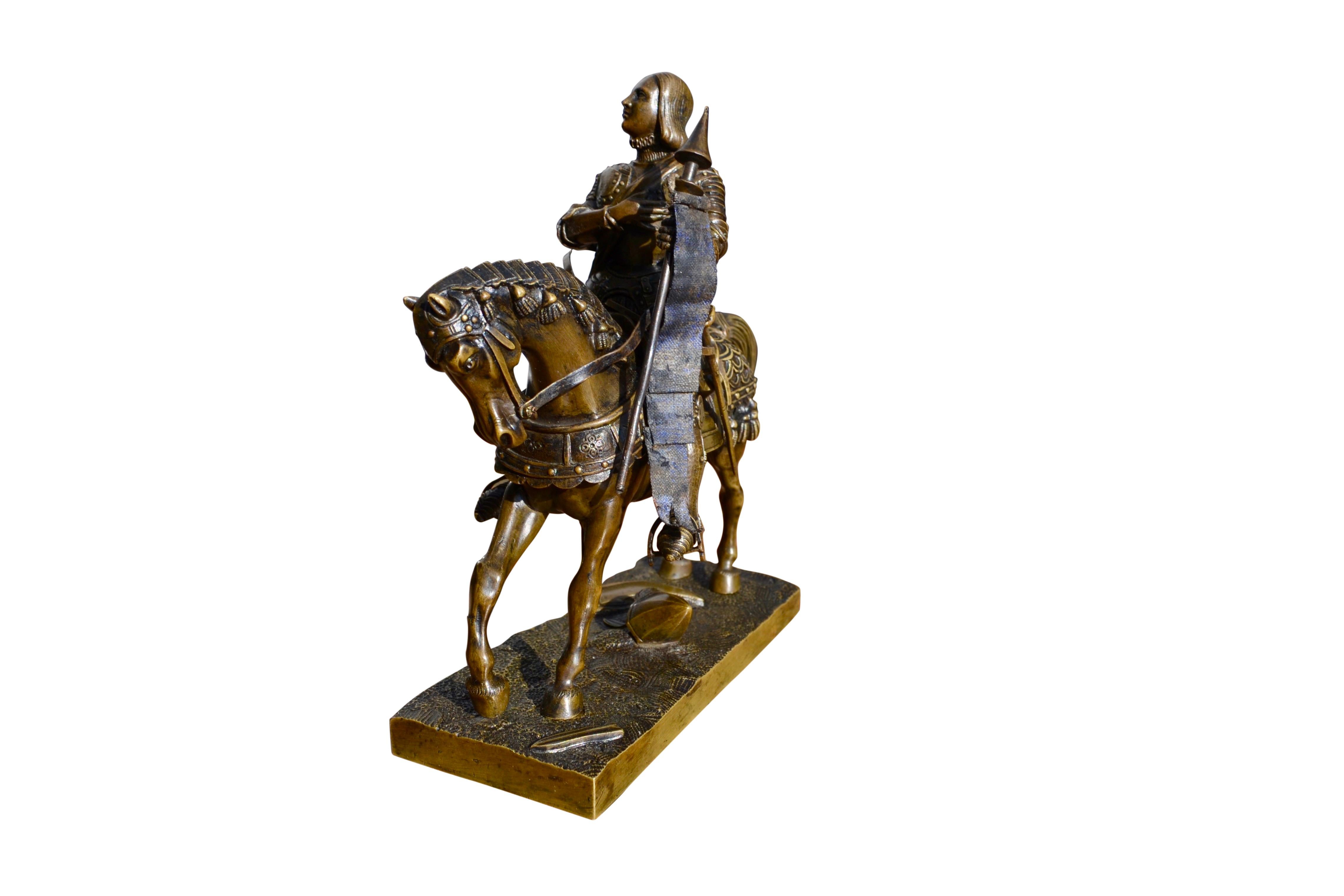 Bronzestatue des heiligen Joan of Arc aus dem 19. Jahrhundert im vollen Körperwappen zu Pferd (Französisch) im Angebot