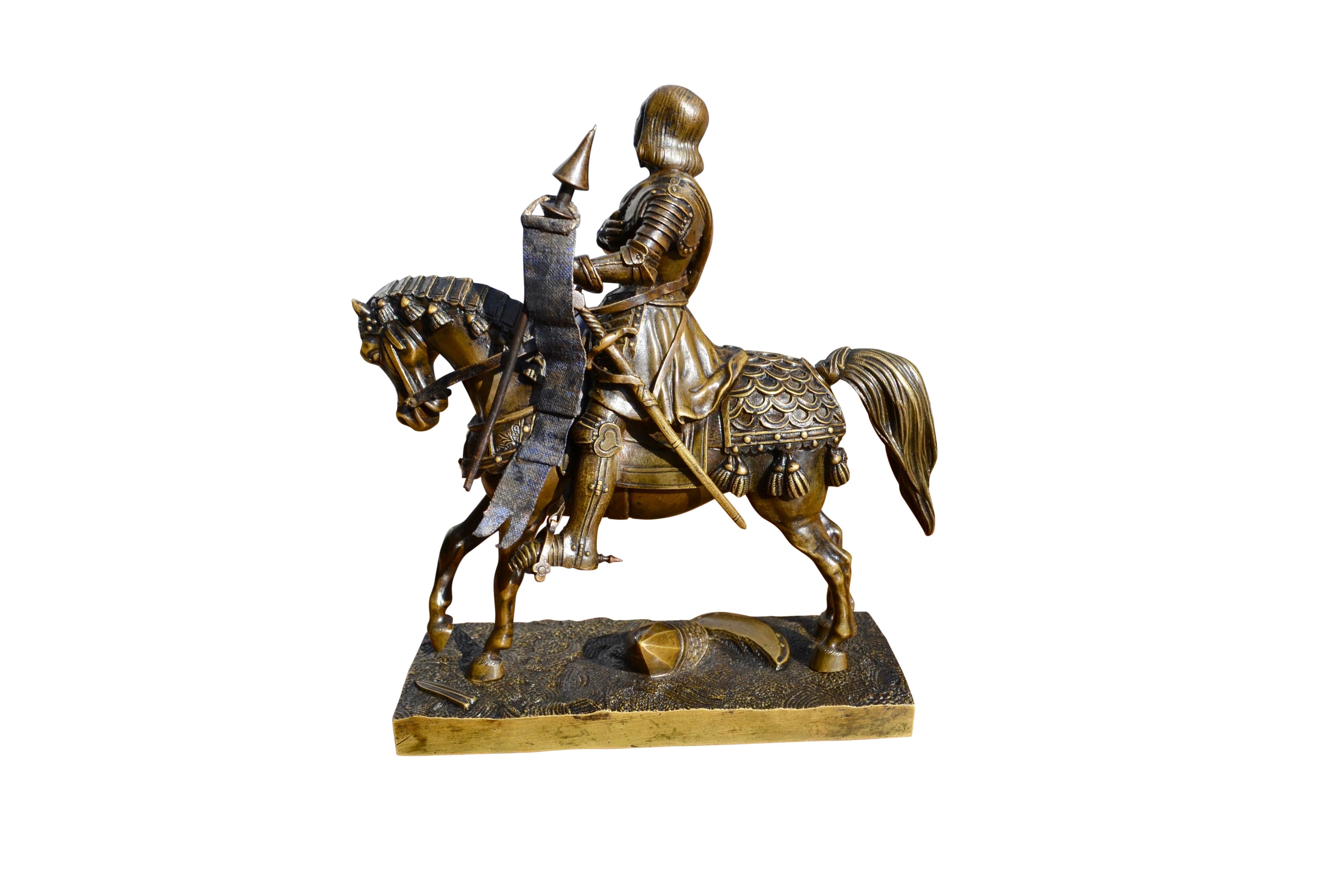 Renaissance A 19 Century Bronze Statue of St Joan of Arc in full body armour on horseback For Sale