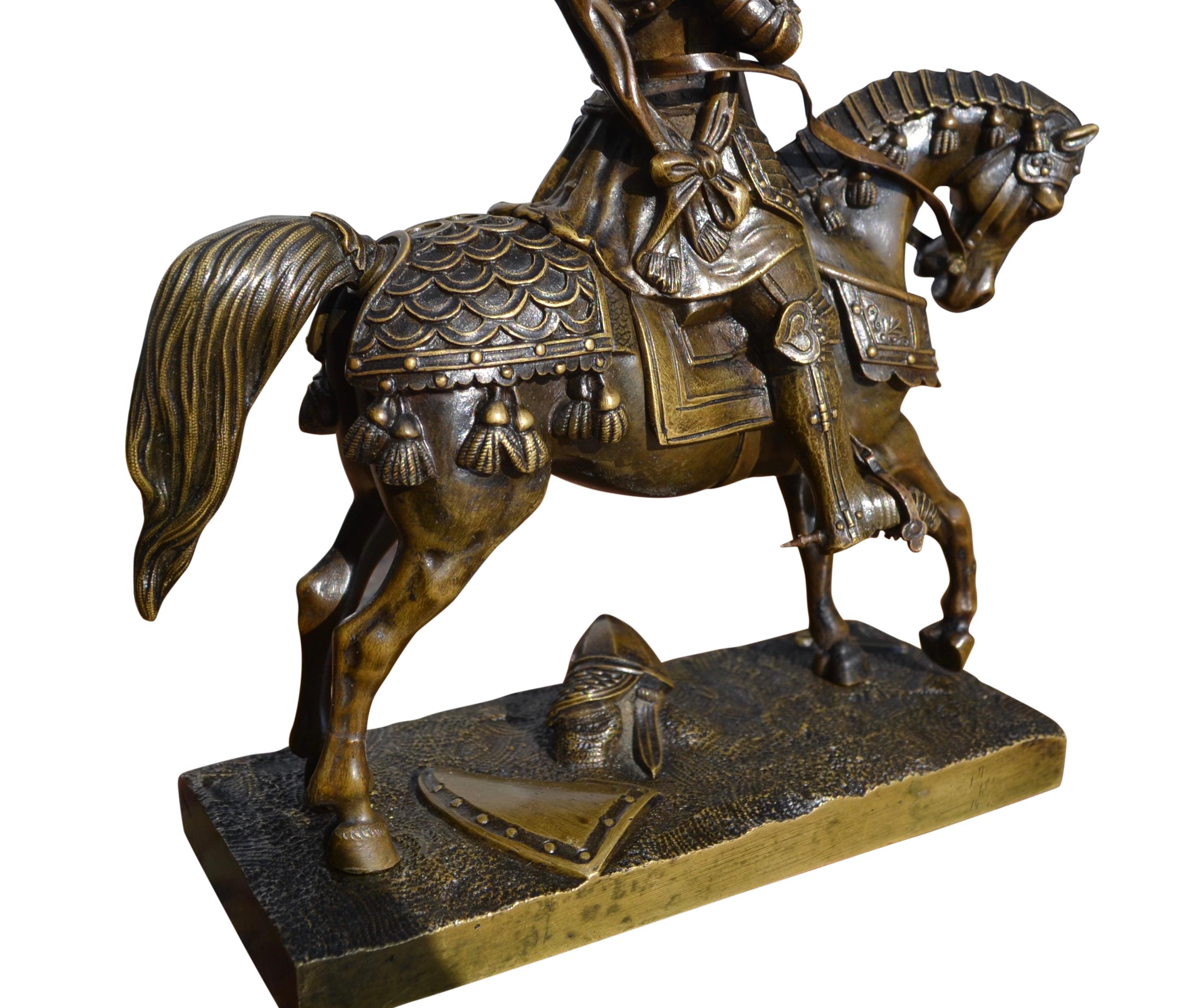 Gilt A 19 Century Bronze Statue of St Joan of Arc in full body armour on horseback For Sale