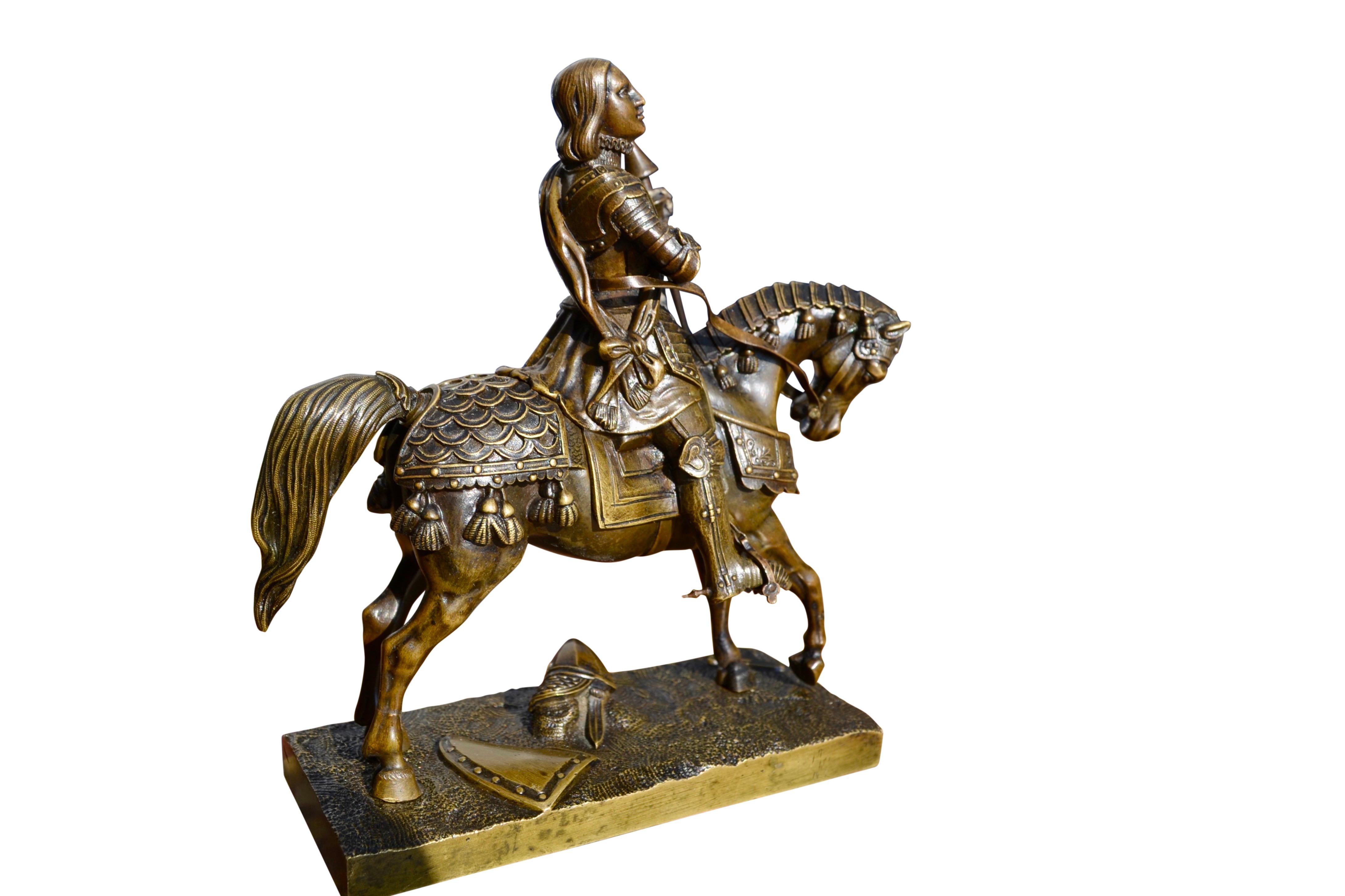 A 19 Century Bronze Statue of St Joan of Arc in full body armour on horseback In Good Condition For Sale In Vancouver, British Columbia