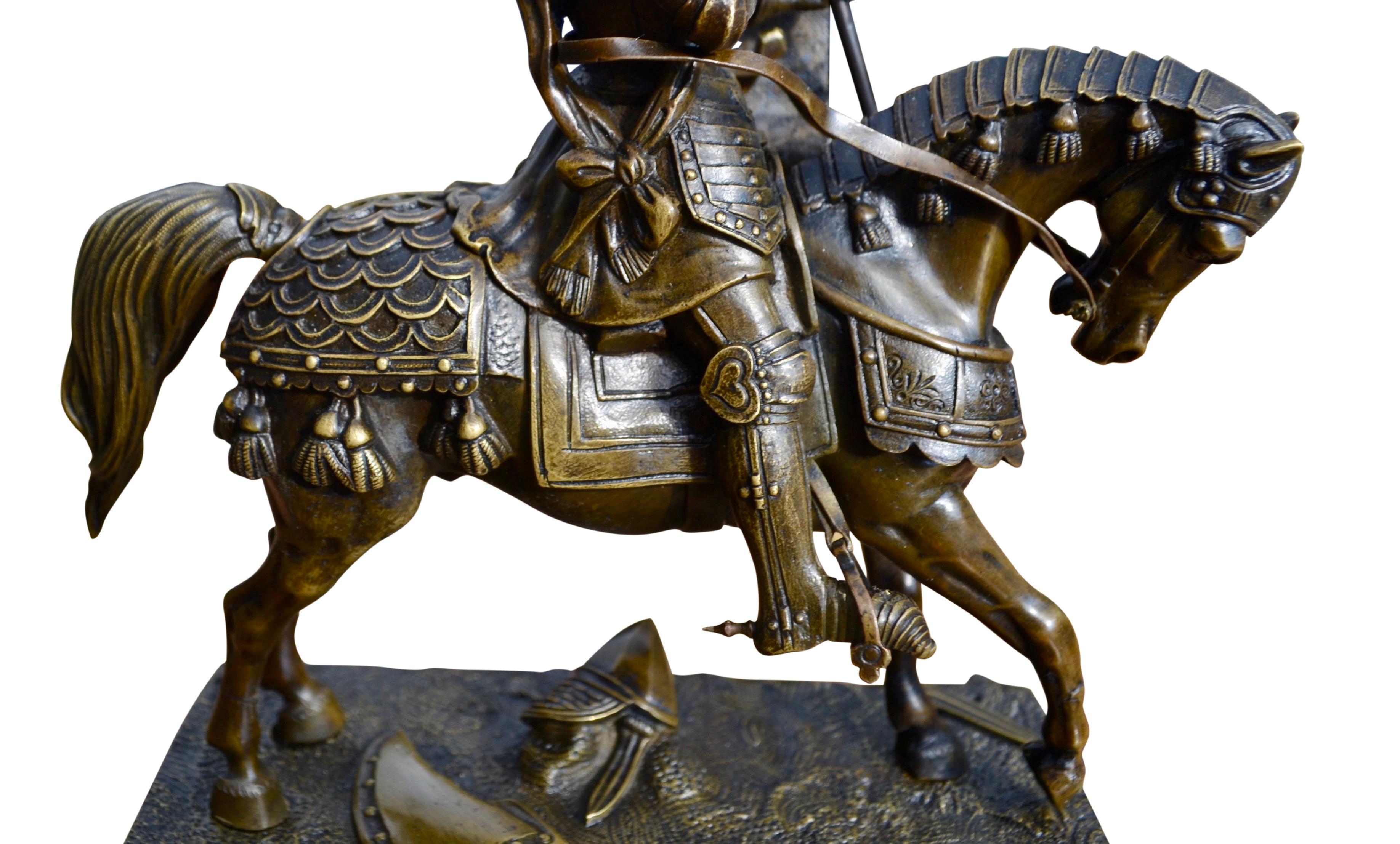 A 19 Century Bronze Statue of St Joan of Arc in full body armour on horseback In Good Condition For Sale In Vancouver, British Columbia