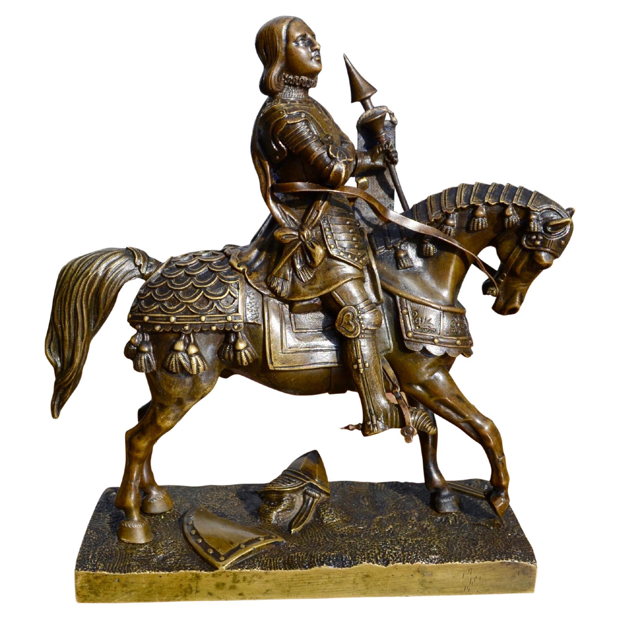 A 19 Century Bronze Statue of St Joan of Arc in full body armour on horseback For Sale