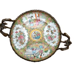 19th Century Chinese Famille Rose Canton Porcelain Dish and Bronze Centrepiece