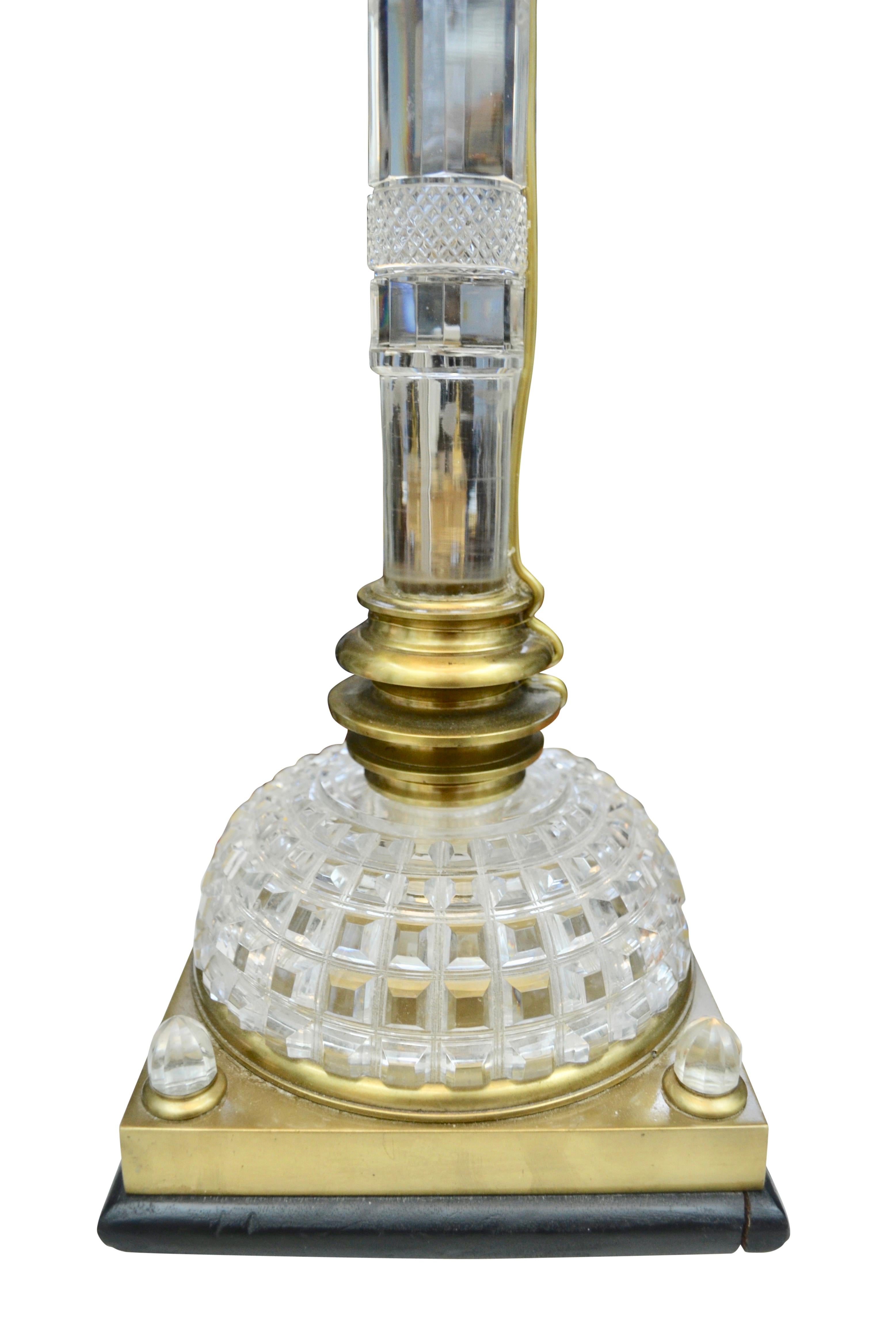Faceted 19th Century Cut Crystal Brass Trimmed Baccarat Style Lamp For Sale