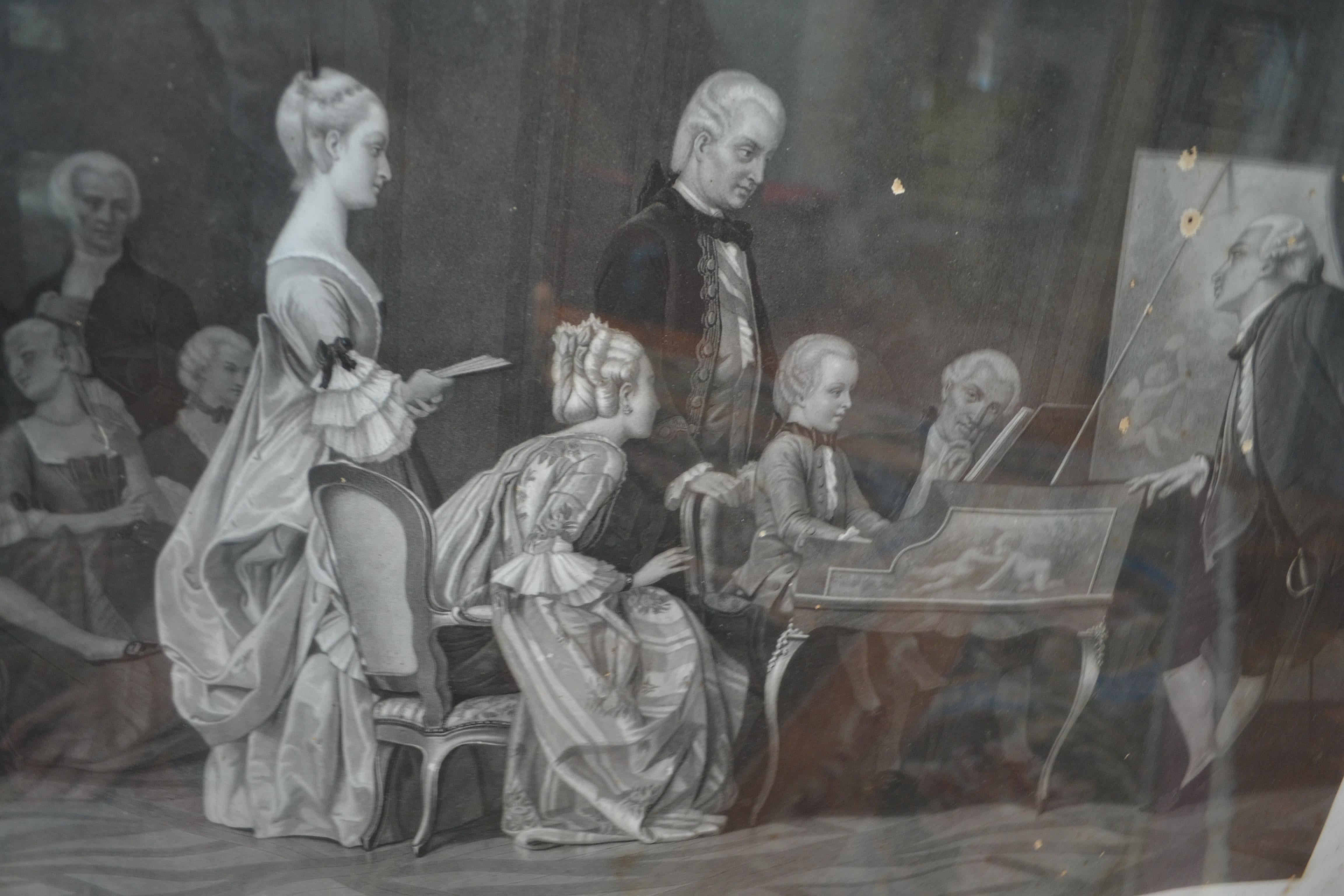 European 19thC Engraving of Mozart Playing for Hapsburg Emperor Francis 1 For Sale