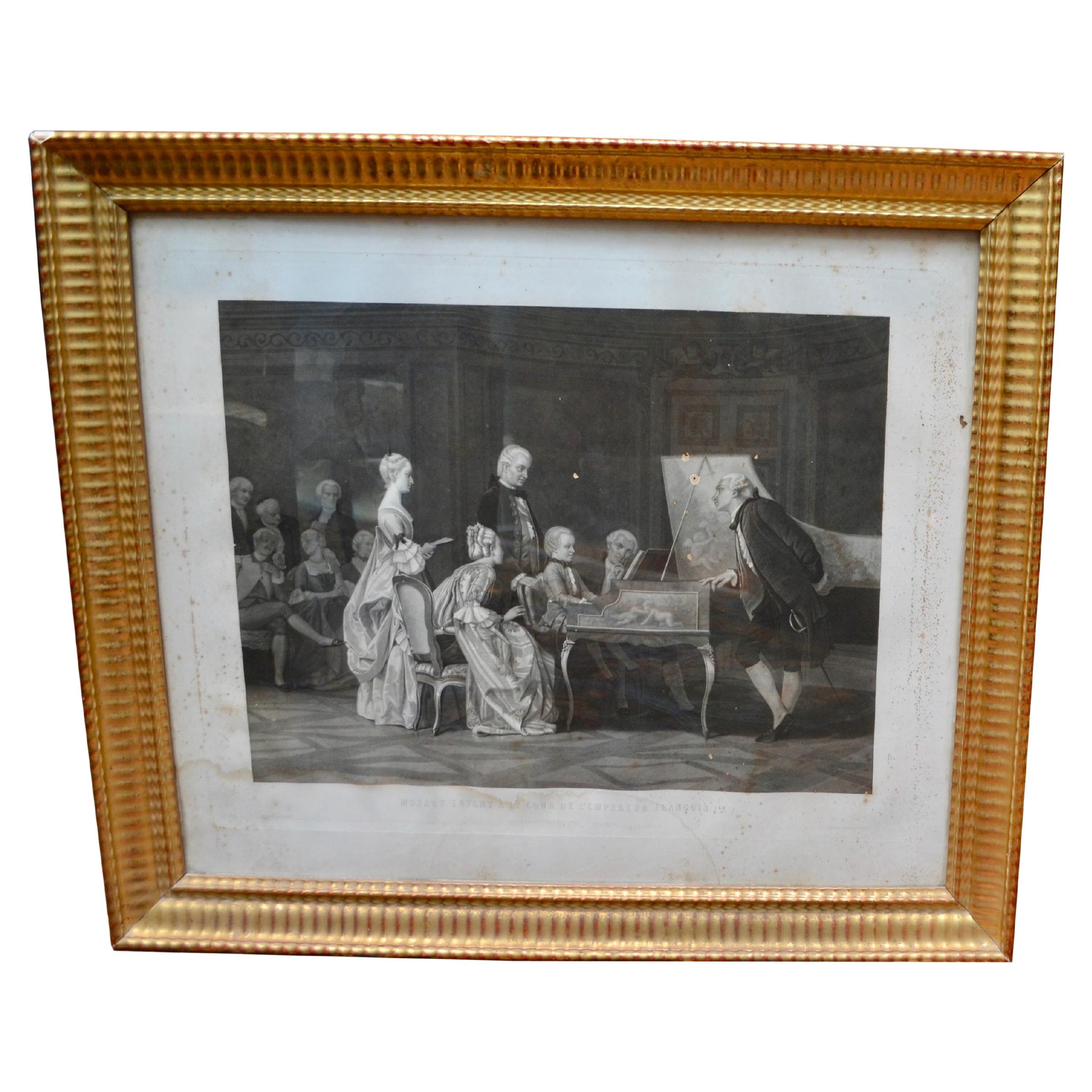 19thC Engraving of Mozart Playing for Hapsburg Emperor Francis 1