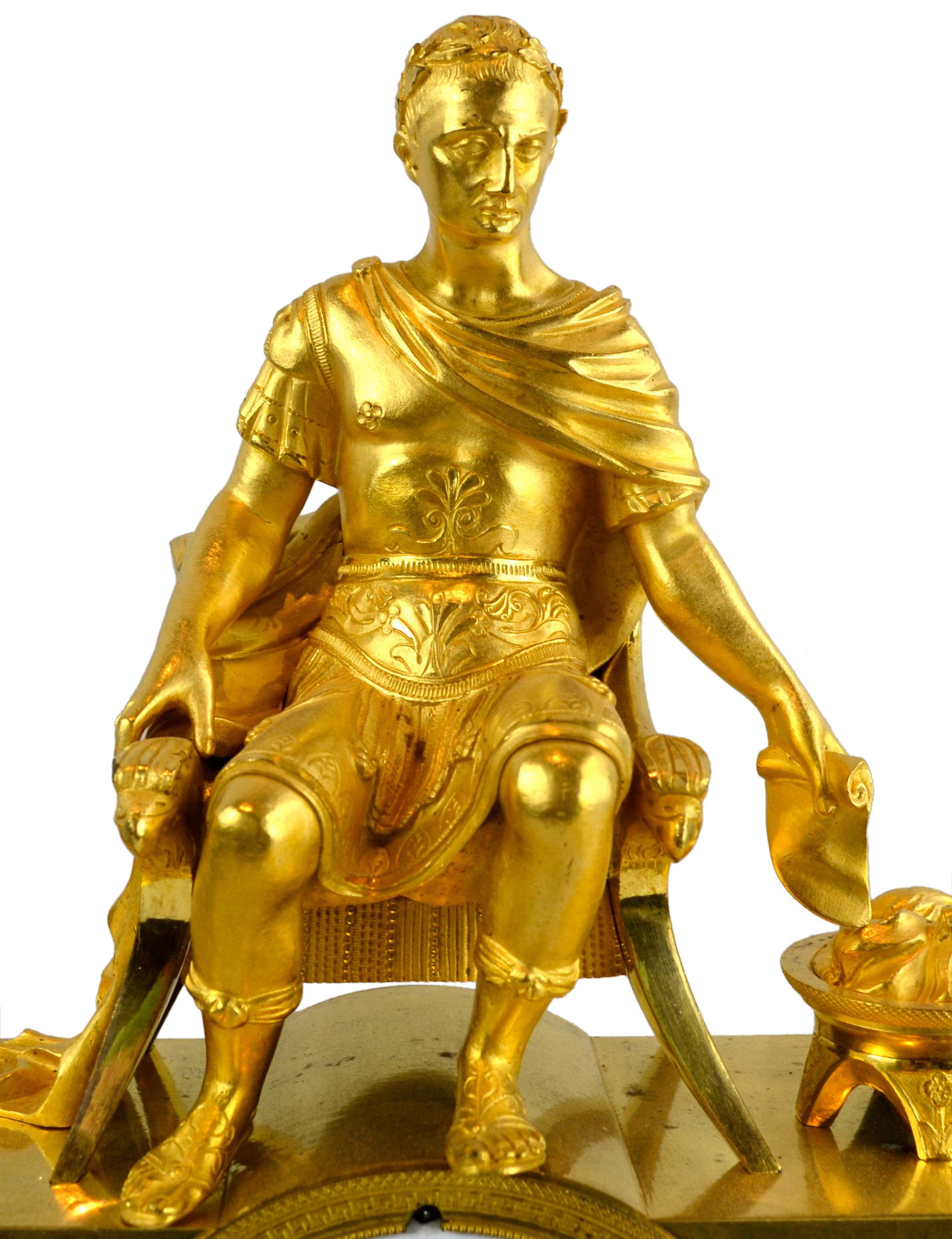 19 Century Figurative French Empire Gilt Bronze Clock of Caesar on His Throne For Sale 2