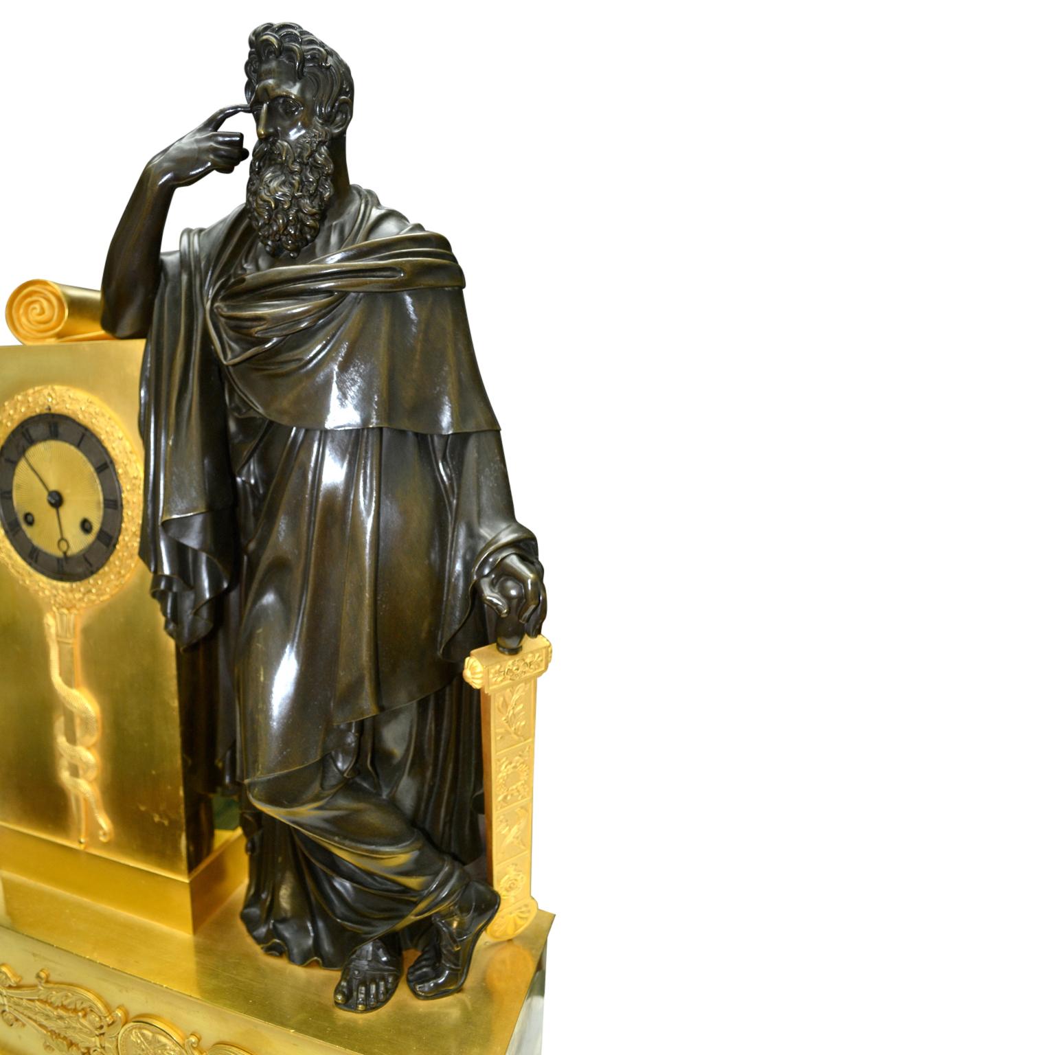 19th Century  French Empire Figural Bronze Clock Depicting an Allegory to Prudence or Wisdom For Sale