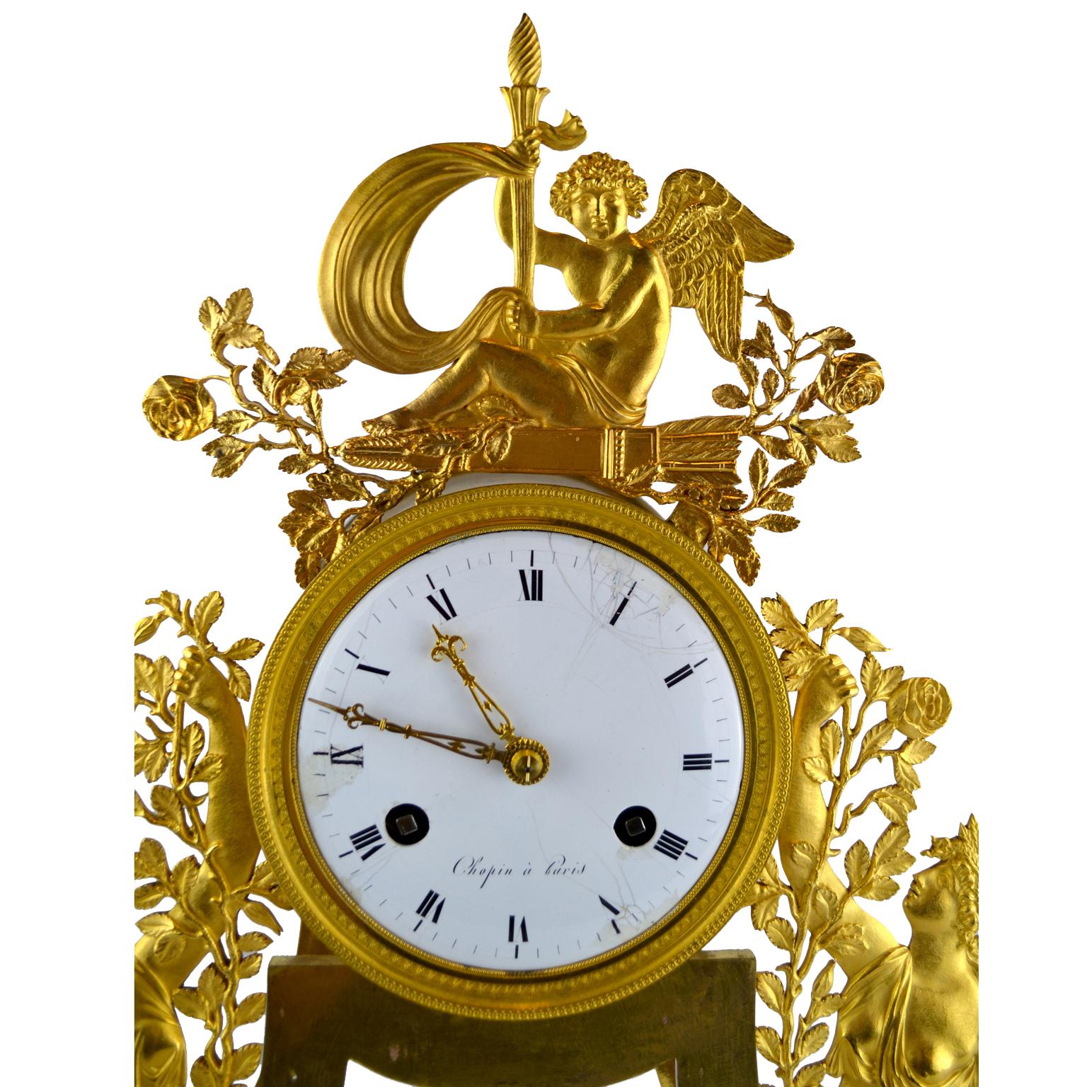 Français Horloge squelette de l'Empire français du 19e siècle avec Vierges gitanes en vente