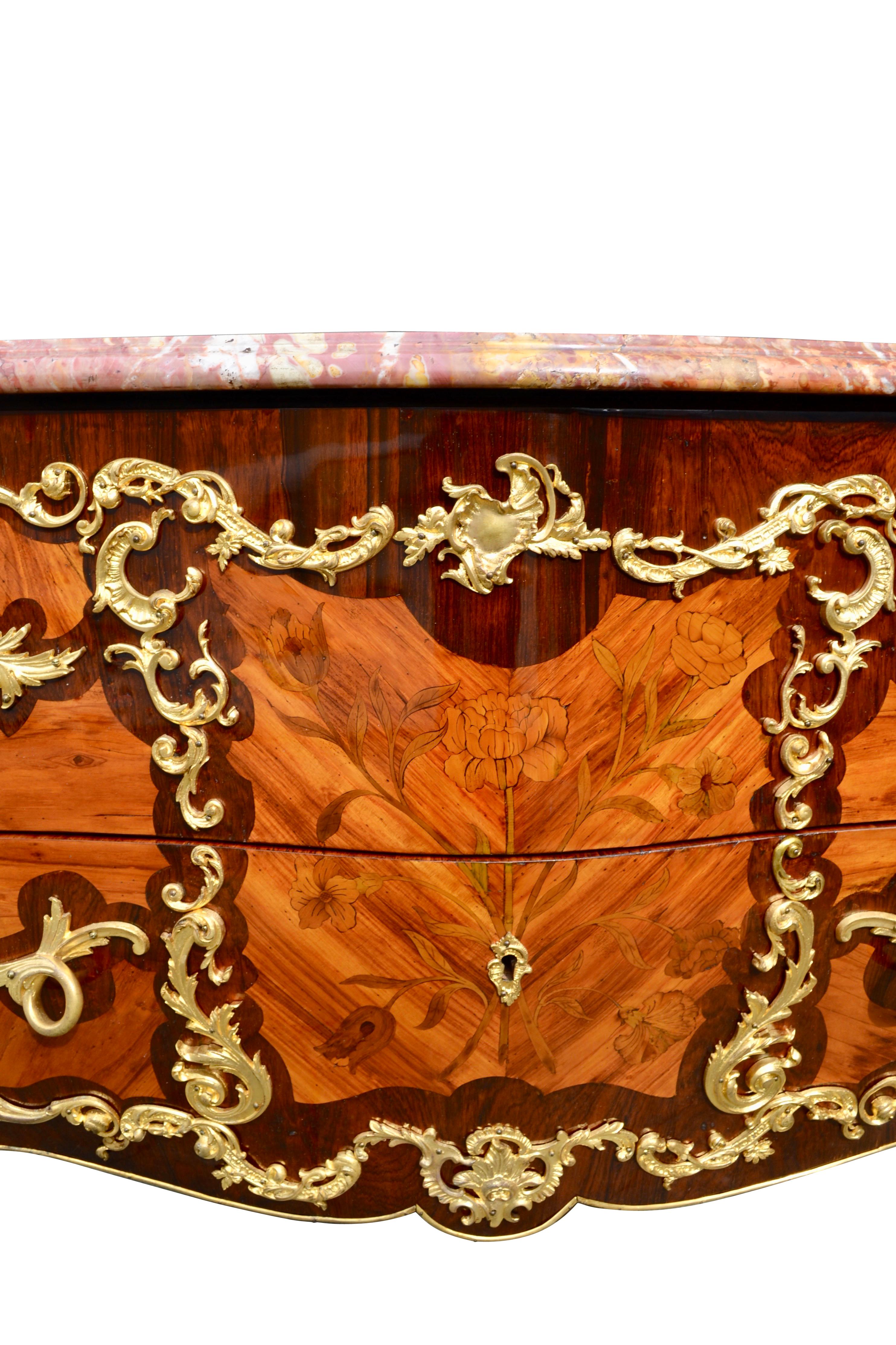 19th Century French Louis XV Style Marquetry and Ormolu Bombe Chest of Drawers For Sale 7