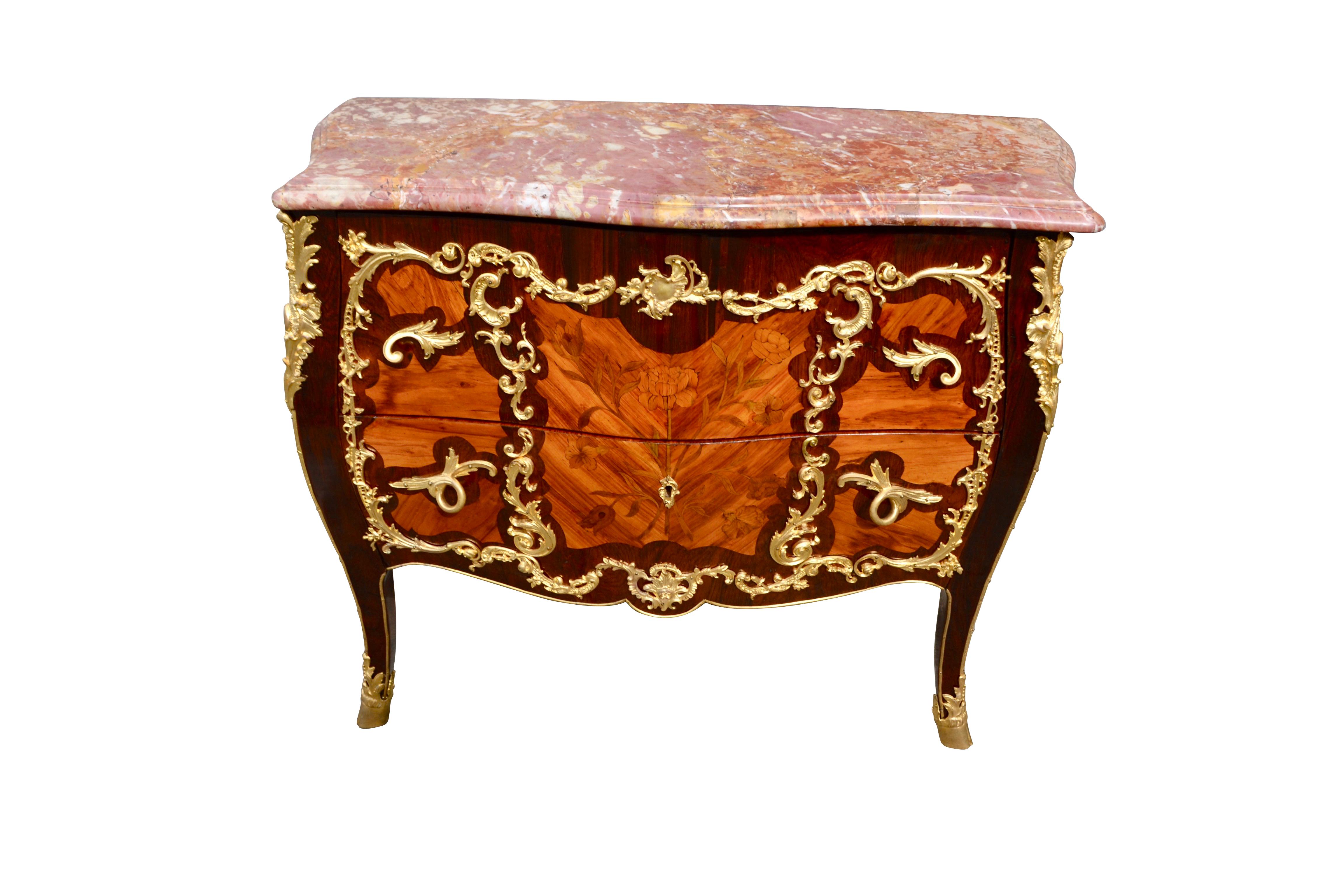 Hand-Crafted 19th Century French Louis XV Style Marquetry and Ormolu Bombe Chest of Drawers For Sale
