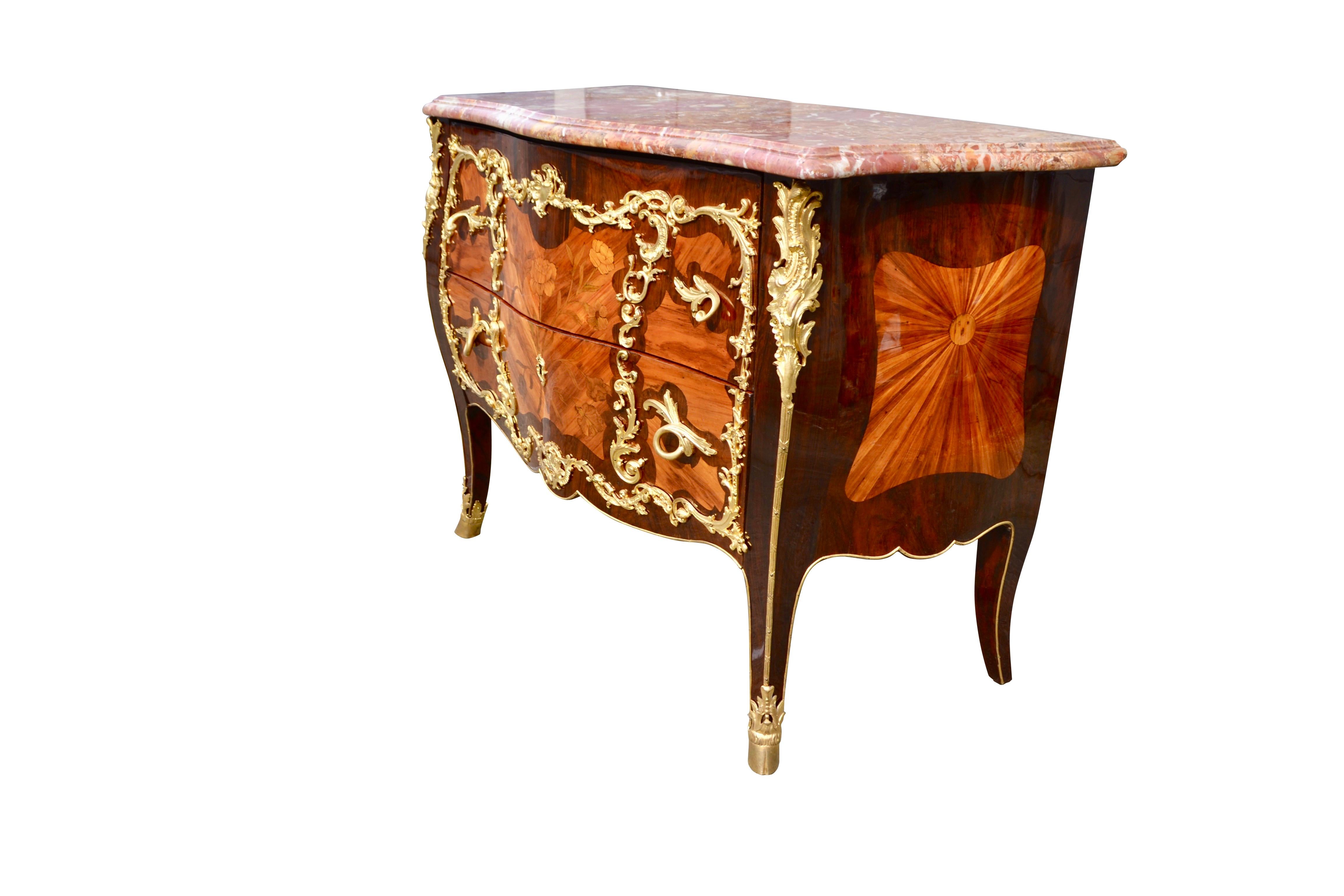 Kingwood 19th Century French Louis XV Style Marquetry and Ormolu Bombe Chest of Drawers For Sale