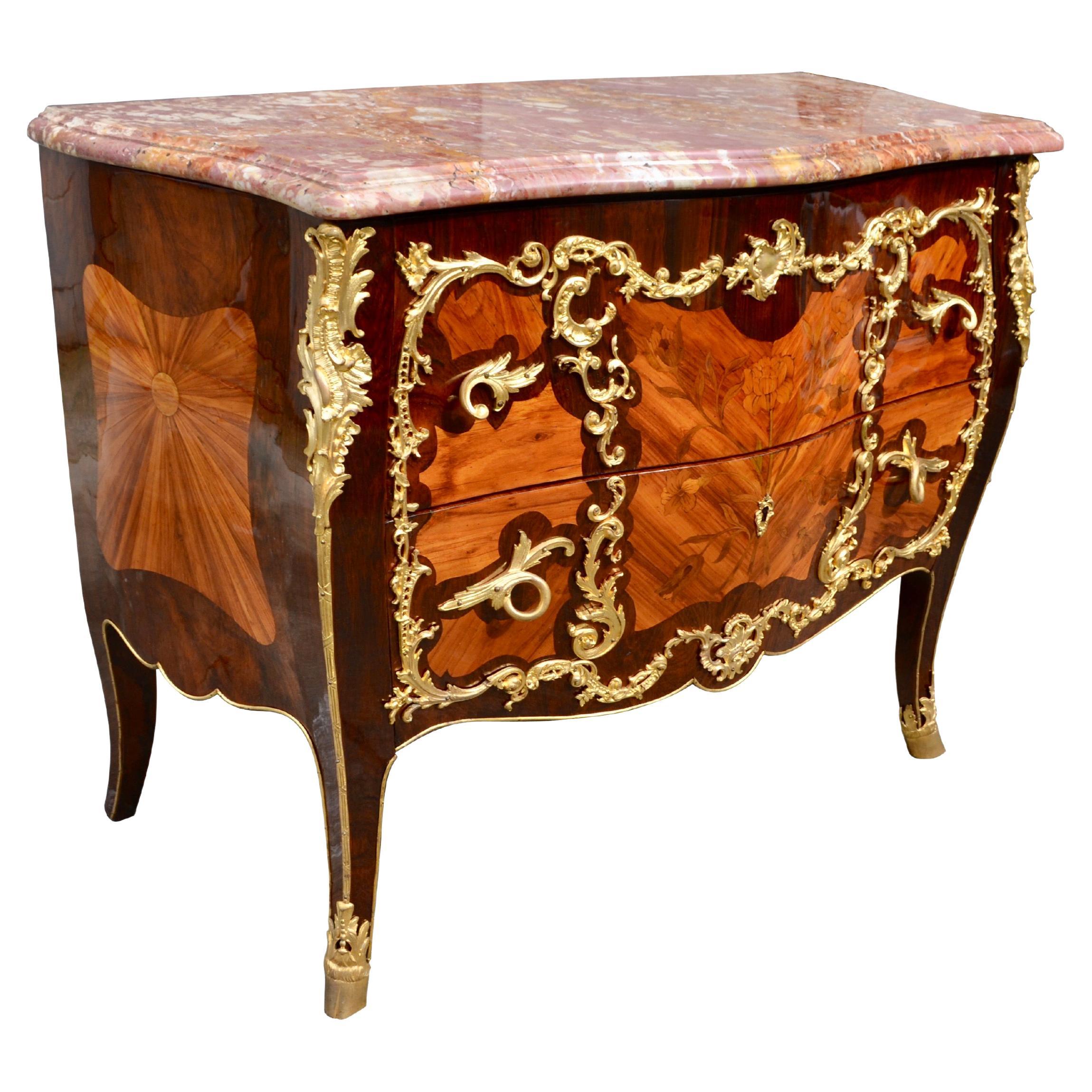 19th Century French Louis XV Style Marquetry and Ormolu Bombe Chest of Drawers For Sale
